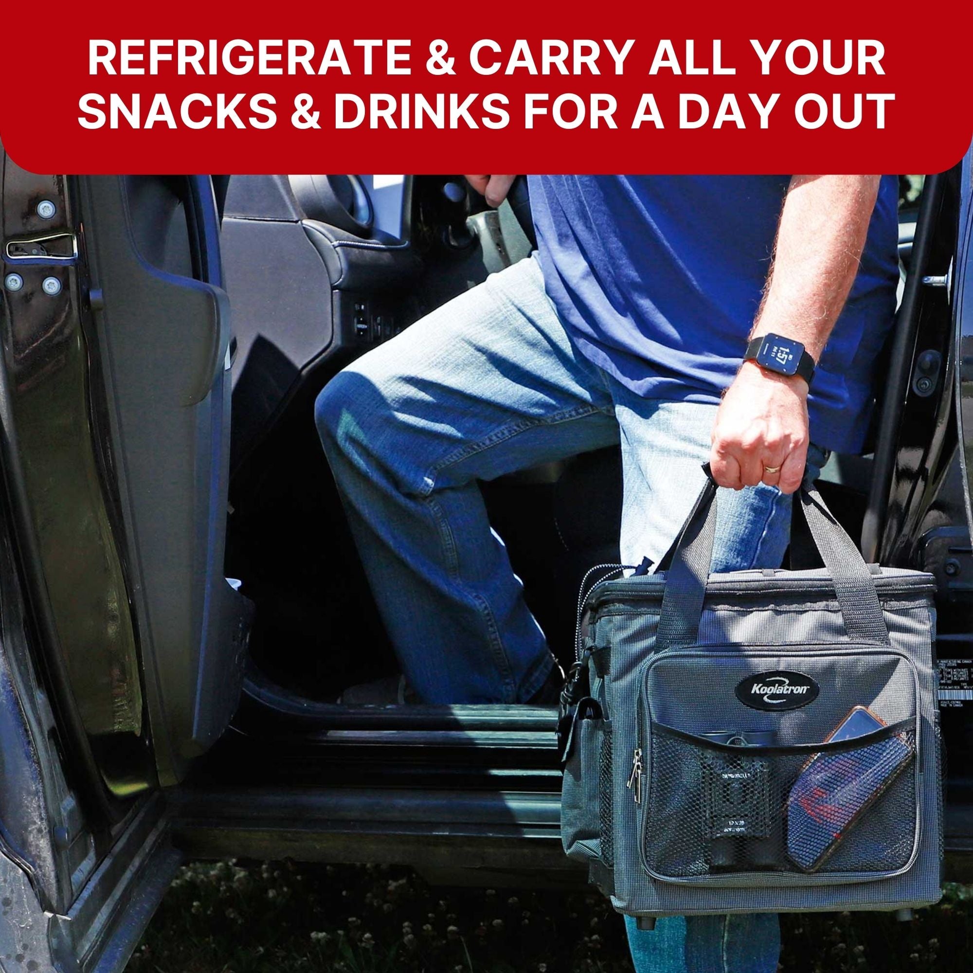 A person holding the Kool-atron12V cooler bag by the handles stepping into a pickup truck. Text above reads, "REFRIGERATE AND CARRY ALL YOUR SNACKS AND DRINKS FOR A DAY OUT"
