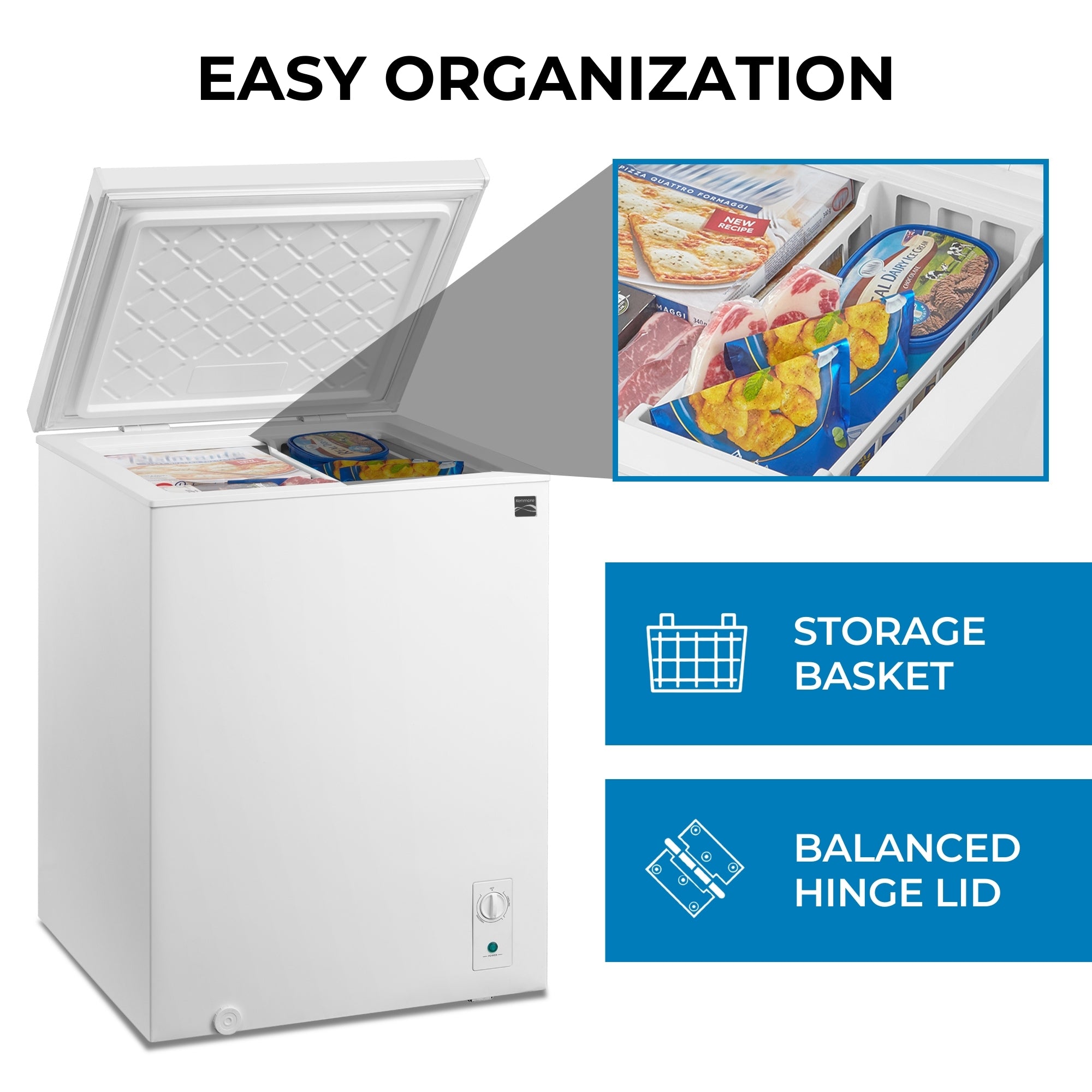Kenmore convertible deep freeze, open and filled with food items, on a white background with an inset closeup showing the storage basket. Text above reads, "Easy organization," and text and icons beside describe features: Storage basket; balanced hinge lid.