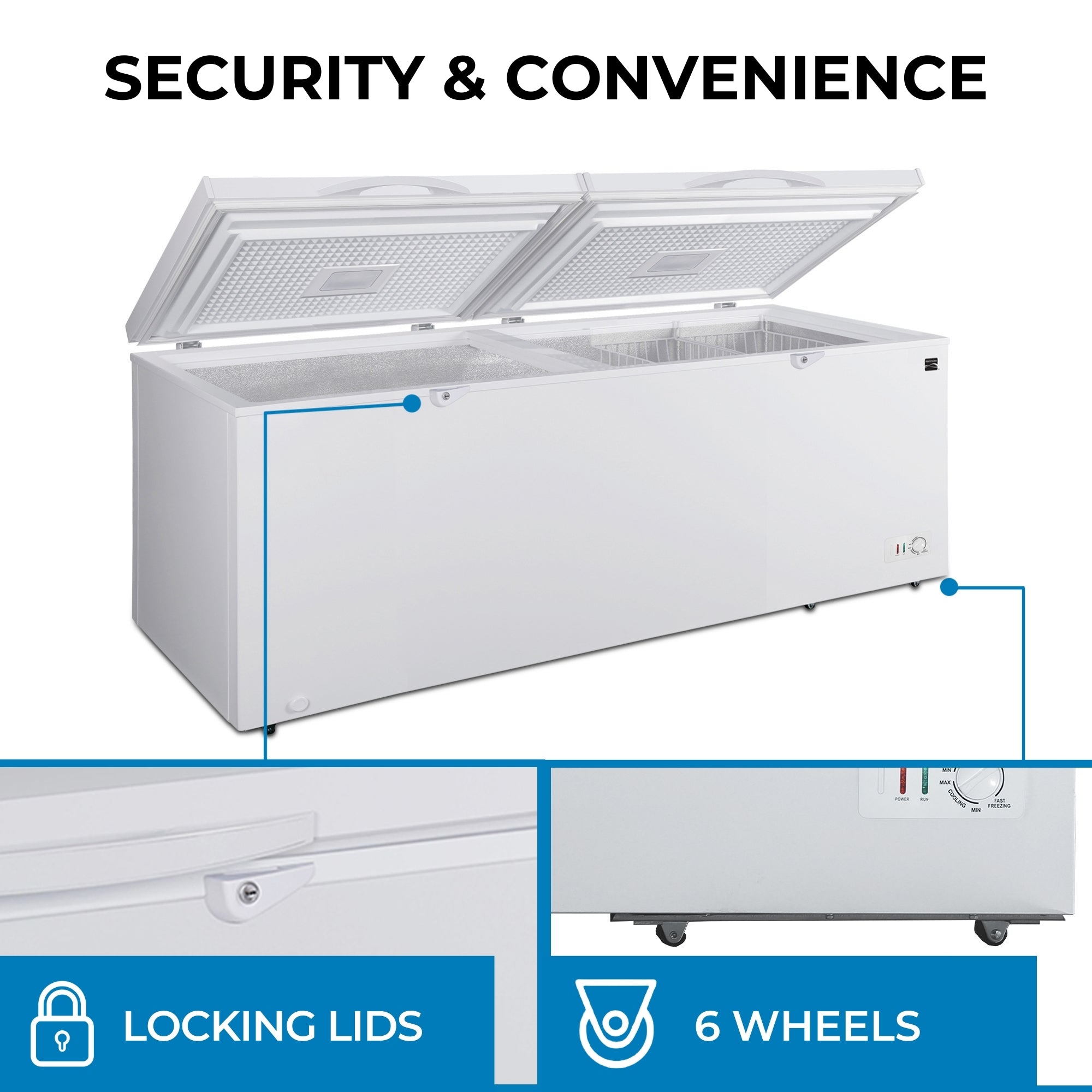 Kenmore convertible deep freeze with the left chamber lid closed and right open, on a white background with closeup images below of features, labeled: Locking lids; 6 wheels. Text above reads, "Security & Convenience."