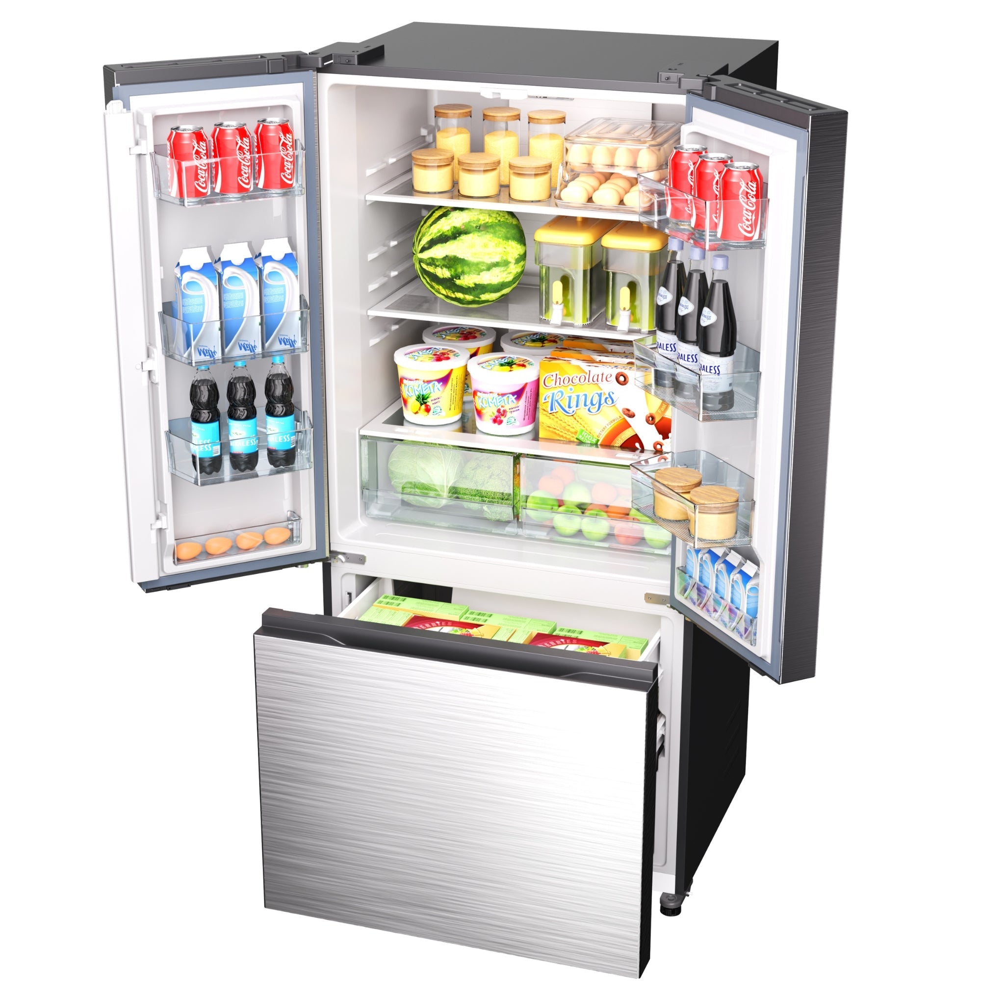 Kenmore stainless steel french door refrigerator filled with food with doors and freezer open on a white background
