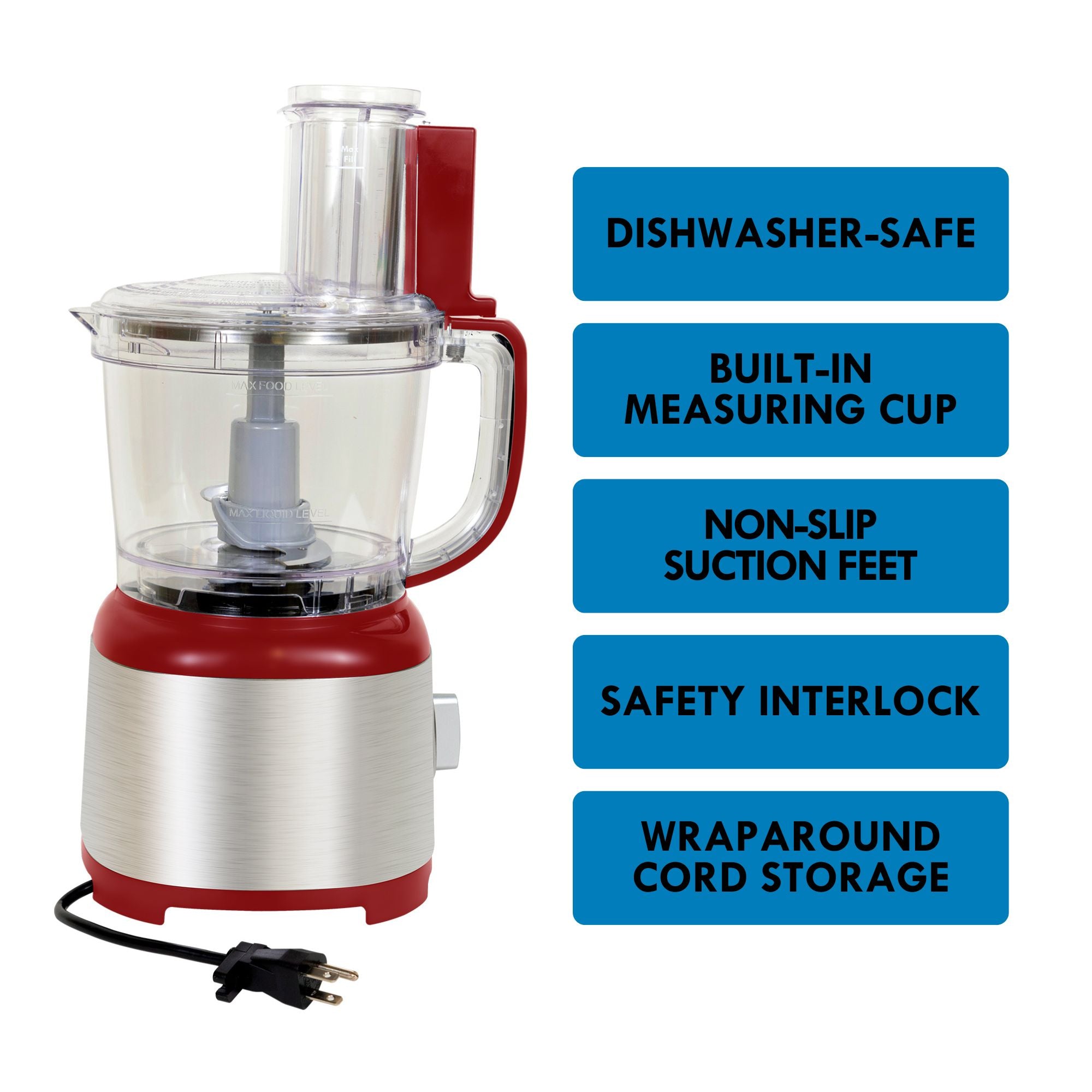 Kenmore 11 cup food processor and vegetable chopper with power cord visible on a white background on the left with a list of features to the right: Dishwasher-safe; built-in measuring cup; non-slip suction feet; safety interlock; wraparound cord storage