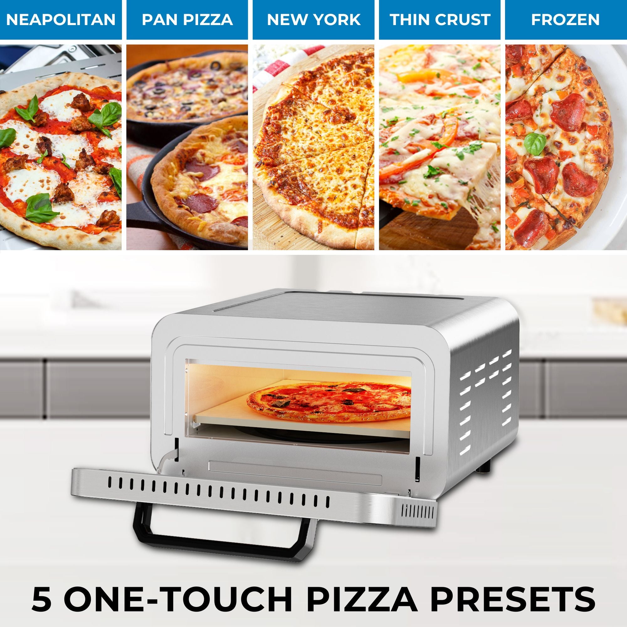 Kenmore electric indoor pizza oven, open with a cooked pizza inside, on a light gray kitchen island. Above are five photos of different types of cooked pizza, labeled: Neapolitan, pan pizza, New York, thin crust, and frozen. Text below reads, "5 one-touch pizza presets"