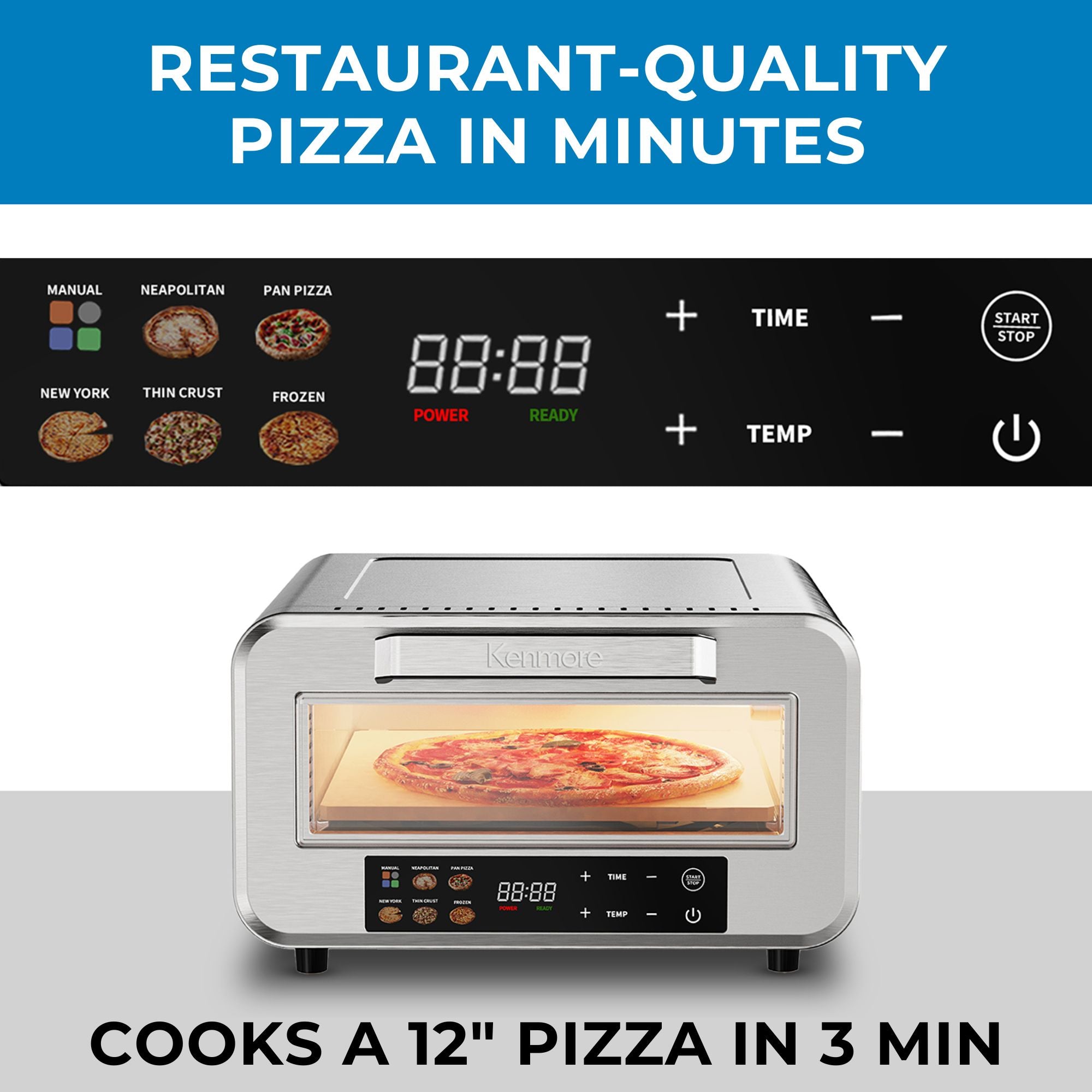 Kenmore stainless steel indoor pizza oven with a pizza cooking inside on a gray surface with a closeup view of the touch control panel on a white background above it. Text above reads, "Restaurant-quality pizza in minutes," and text below reads, "Cooks a 12" pizza in 3 min."