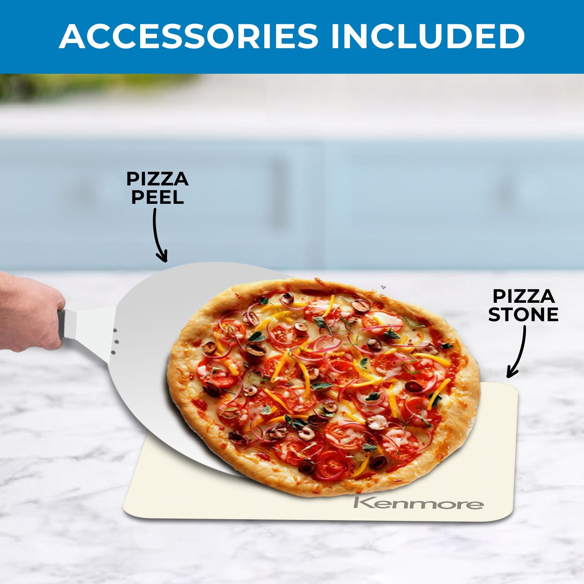 A person's hand using a pizza peel to lift a pizza from the pizza stone with both accessories labeled. Text above reads, "Accessories included"