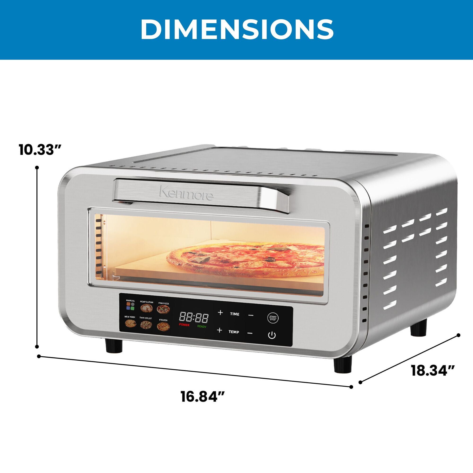 Kenmore countertop electric pizza oven with a pizza cooking inside on a white background with dimensions labeled