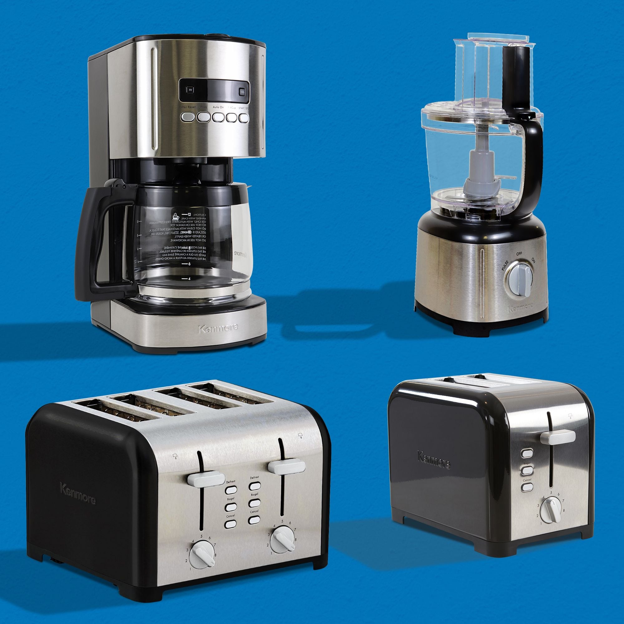 Four matching Kenmore small appliances (12-Cup Programmable Coffee Maker; 11-Cup Food Processor; 2-Slice Toaster; 4-Slice Toaster with Dual Controls) on a turquoise background