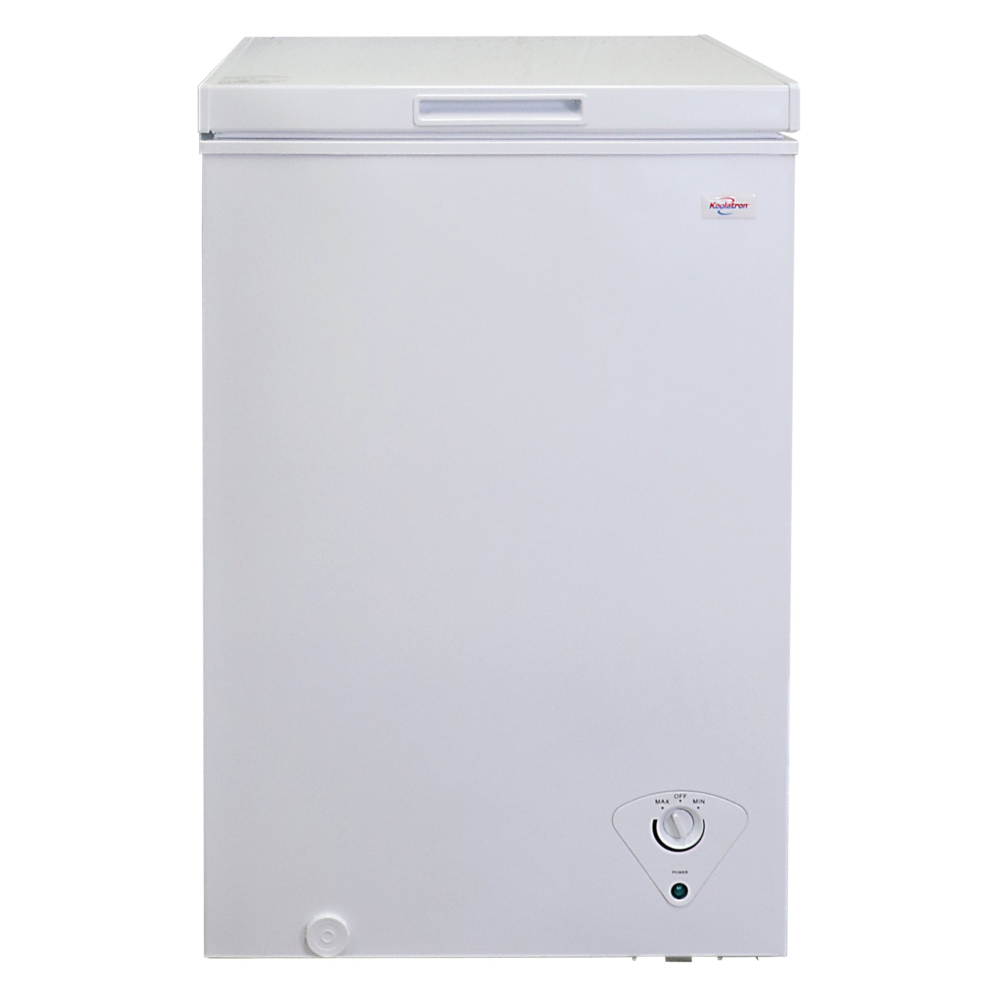Koolatron white chest freezer, closed, on a white background