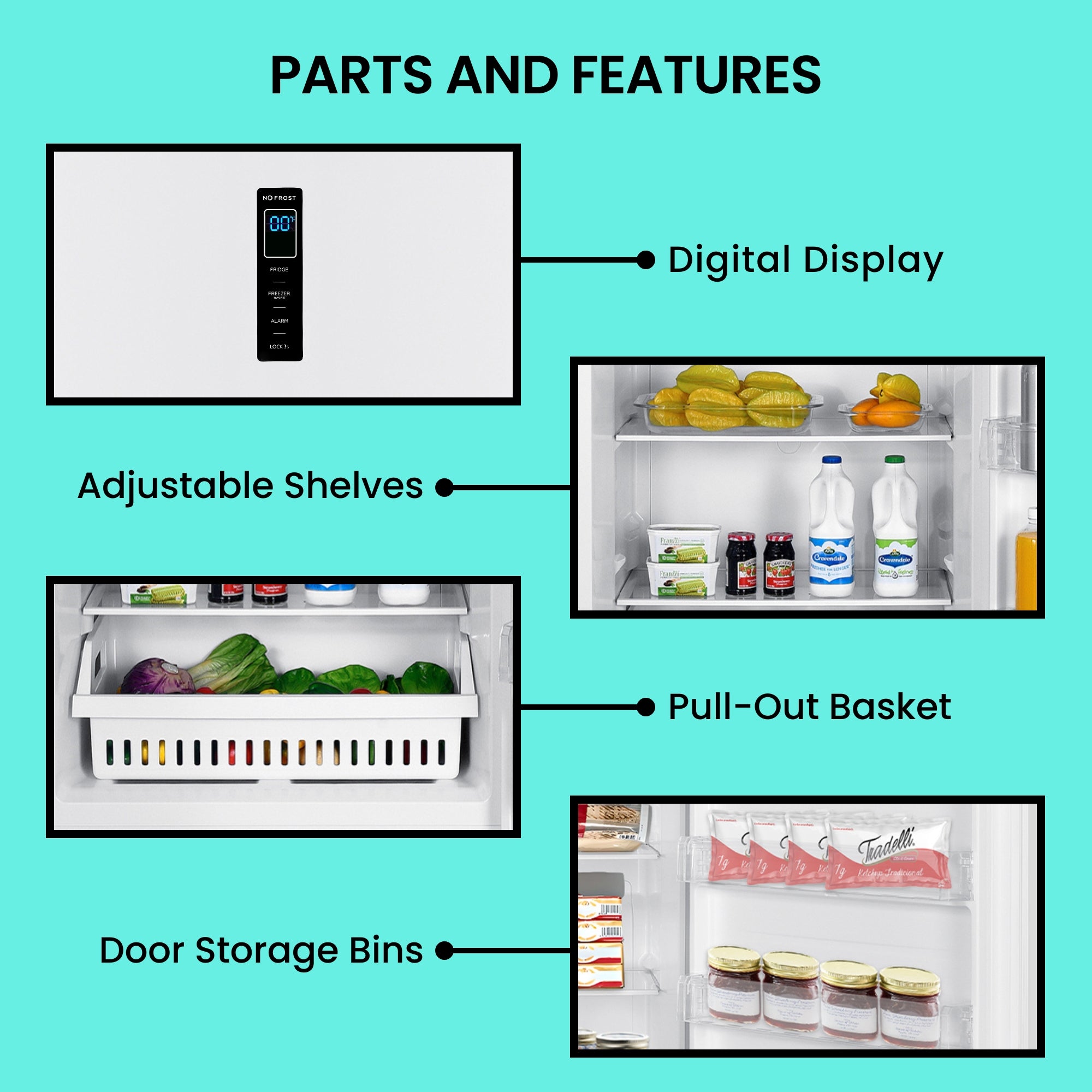 Four labeled images on a bright aqua background show parts and features of the Kool-atronupright convertible fridge freezer: Digital display; adjustable shelves; pull-out basket; door storage bins.