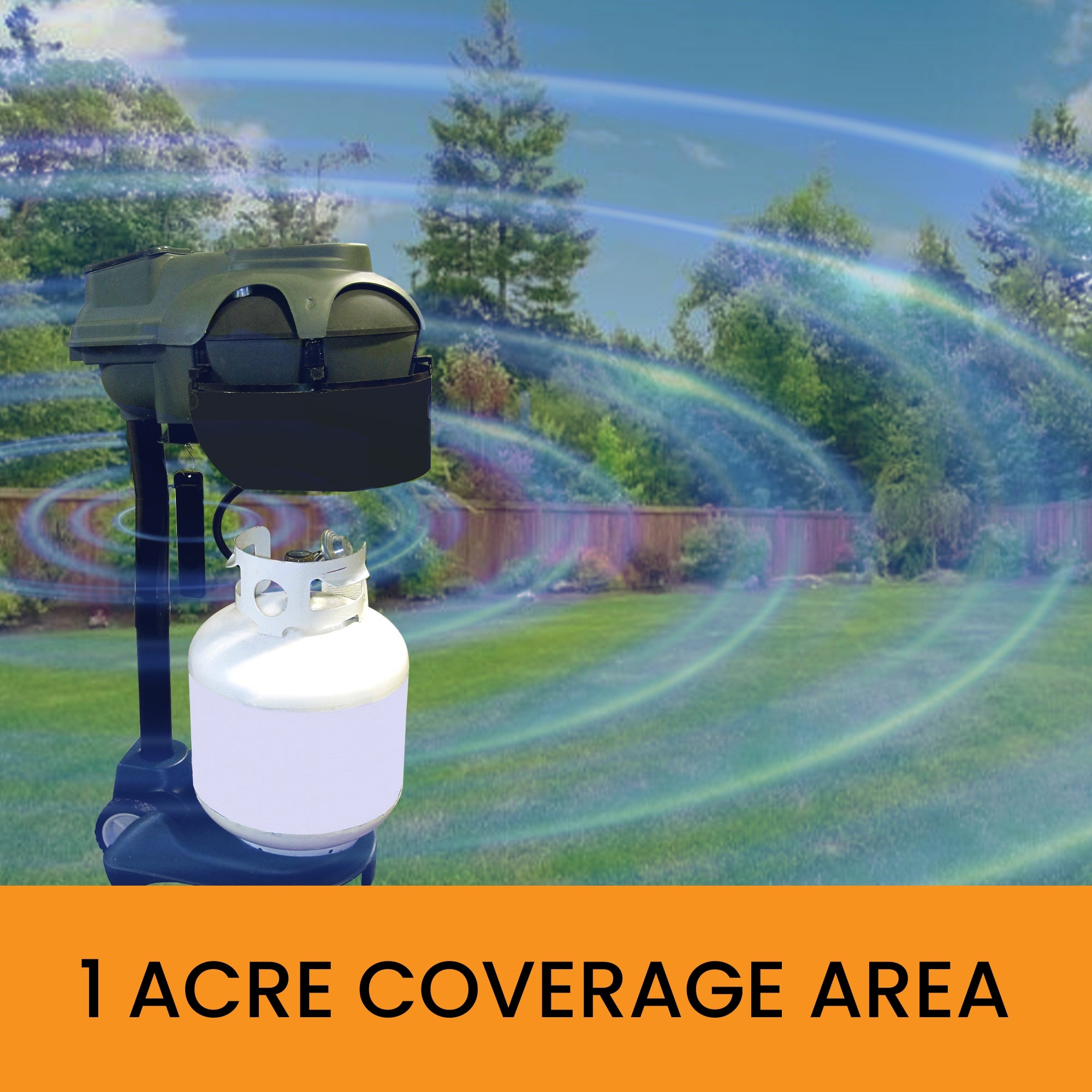 Bite Shield Guardian Pro cordless flying insect lure and killer set up on grass with pine trees in the background and concentric blue rings superimposed. Text below reads, "1 acre coverage area."