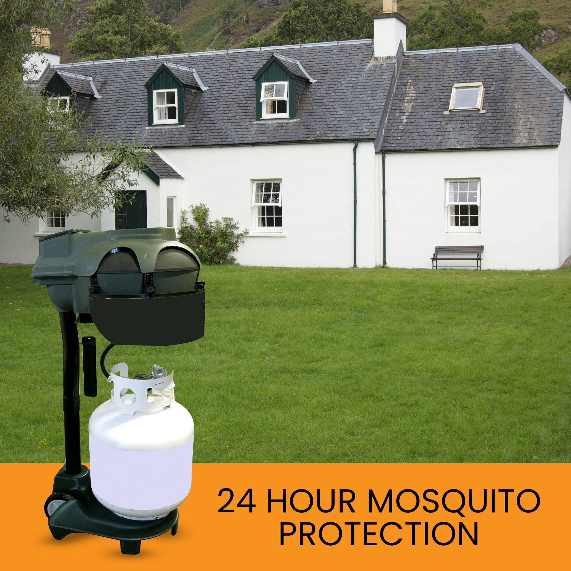 Bite Shield mosquito trap in the foreground with a quaint white cottage with a gray roof and a large bright green lawn in the background. Text below reads, "24 hour mosquito protection."