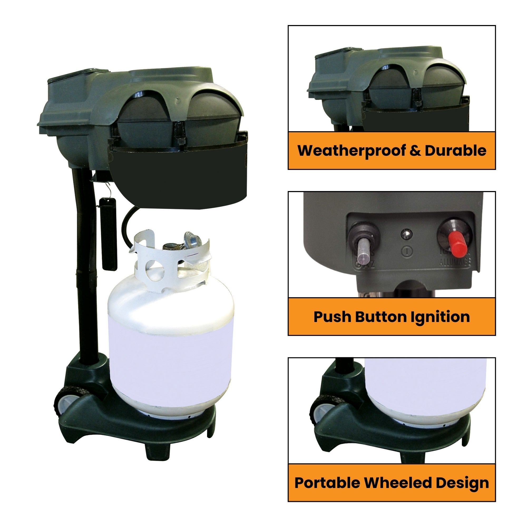 Bite Shield Guardian Pro 1 acre mosquito trap on a white background with closeup images of features, captioned, to the right: Weatherproof and durable; push button ignition; portable wheeled design.