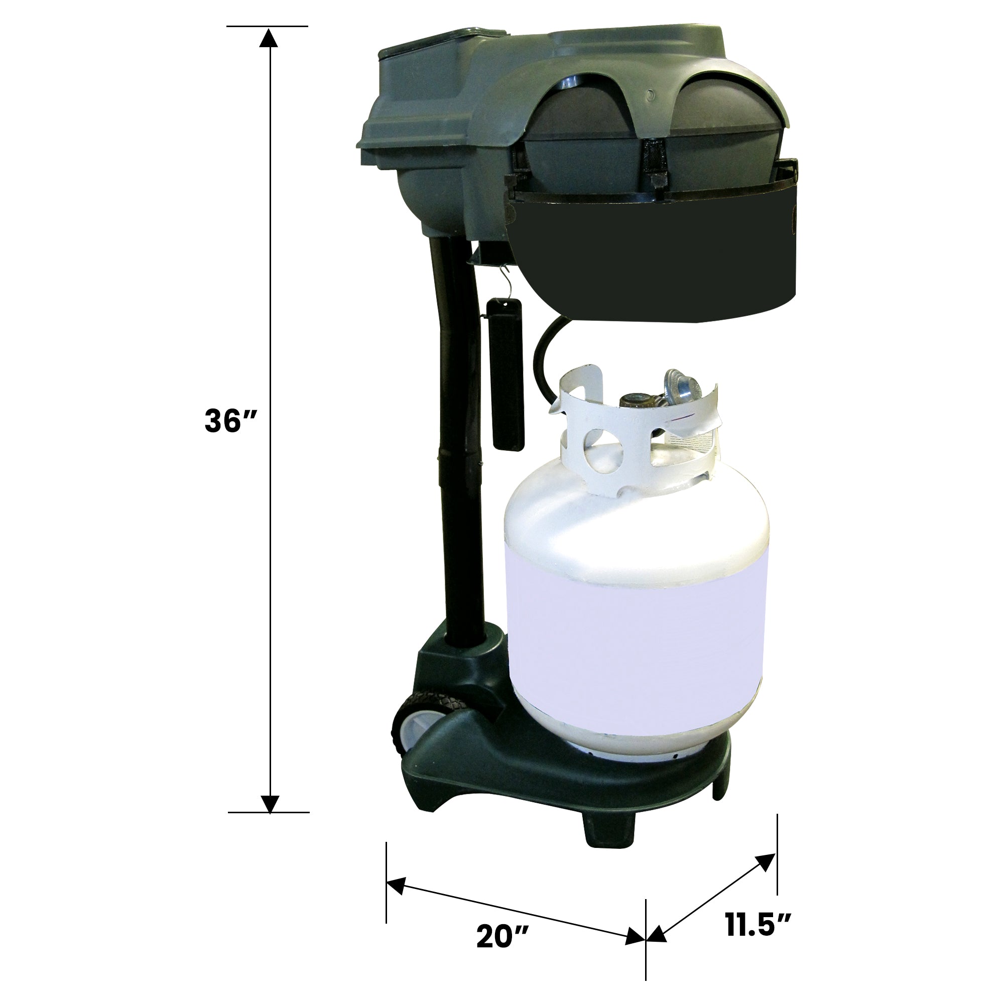 Bite Shield cordless 1 acre mosquito eliminator on a white background with dimensions labeled.