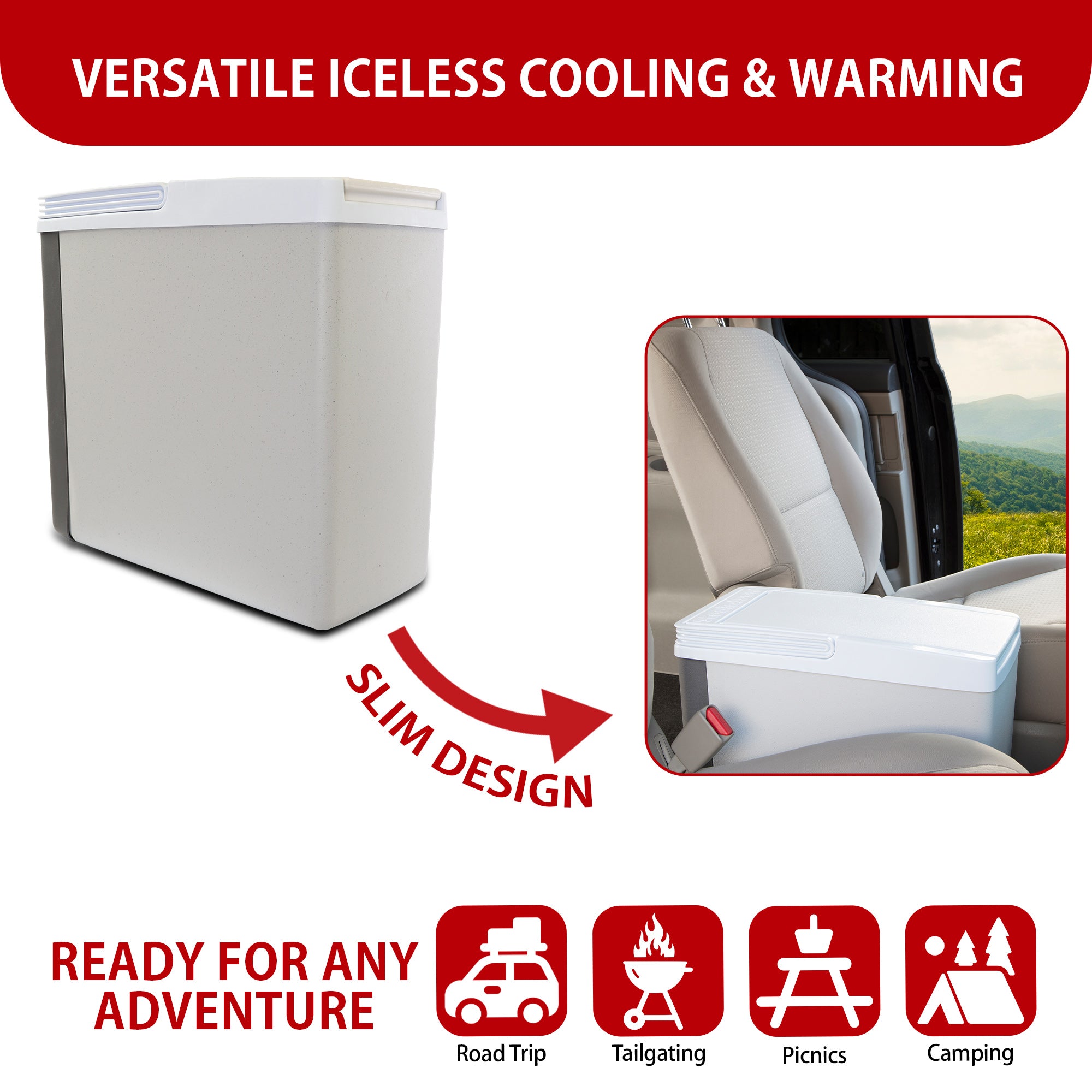 Two images show the Kool-atron12V cooler/warmer on a white background and between the seats of a minivan with an arrow labeled "slim design" pointing from the first image to the second. Text above reads, "VERSATILE ICELESS COOLING & WARMING." Text below reads, "READY FOR ANY ADVENTURE" followed by icons labeled: Road trip, tailgating, picnics, and camping.