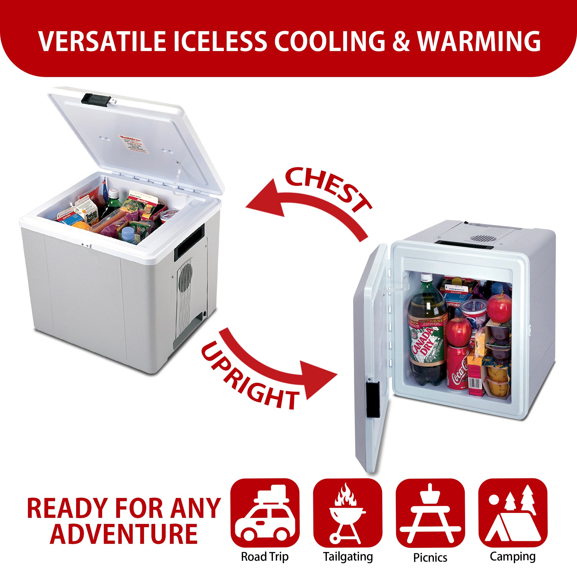 Two images show the Kool-atron12V cooler/warmer as an ice chest and on its side as a mini-fridge with arrows labeled, "CHEST" and "UPRIGHT." Text above reads, "VERSATILE ICELESS COOLING & WARMING." Text below reads, "READY FOR ANY ADVENTURE" followed by icons labeled: Road trip, tailgating, picnics, and camping.
