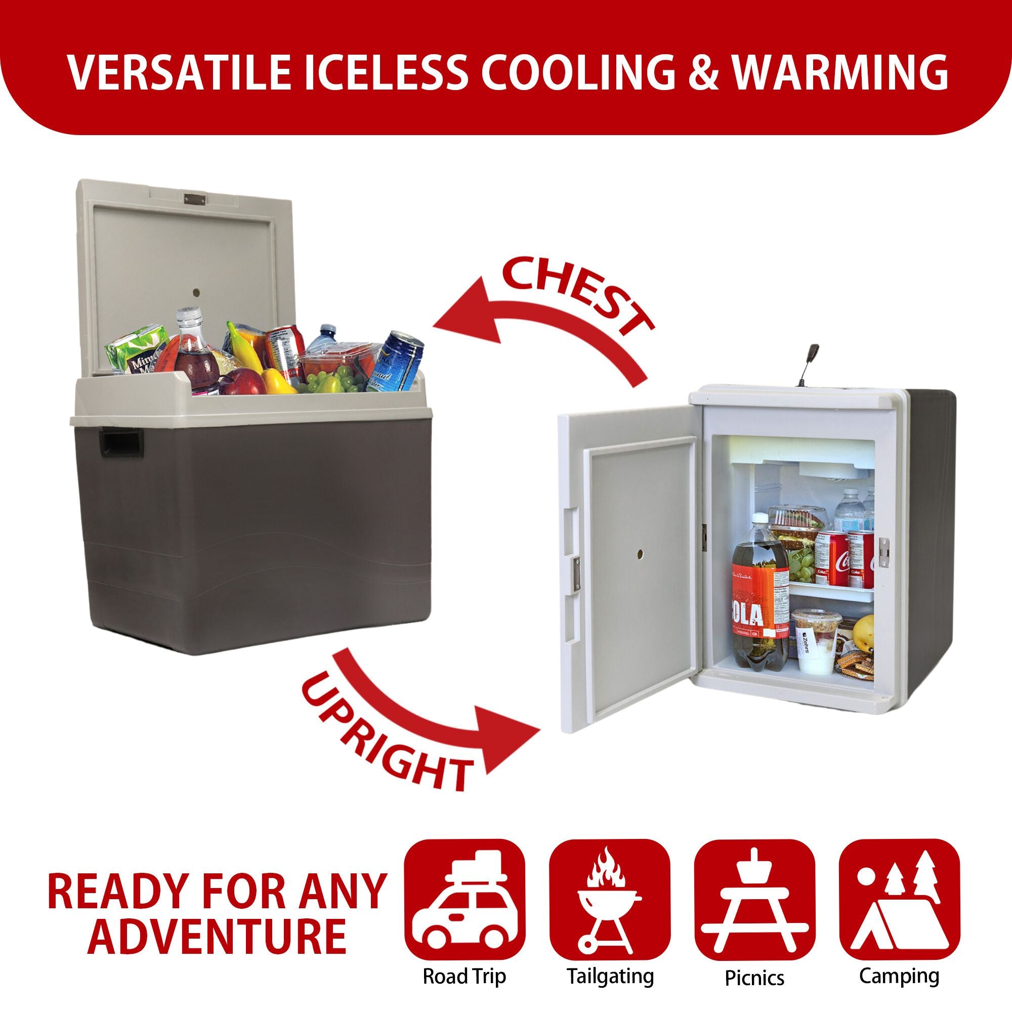 Two images show the Kool-atron12V cooler/warmer as an ice chest and on its side as a mini-fridge with arrows labeled, "CHEST" and "UPRIGHT." Text above reads, "VERSATILE ICELESS COOLING & WARMING." Text below reads, "READY FOR ANY ADVENTURE" followed by icons labeled: Road trip, tailgating, picnics, and camping.