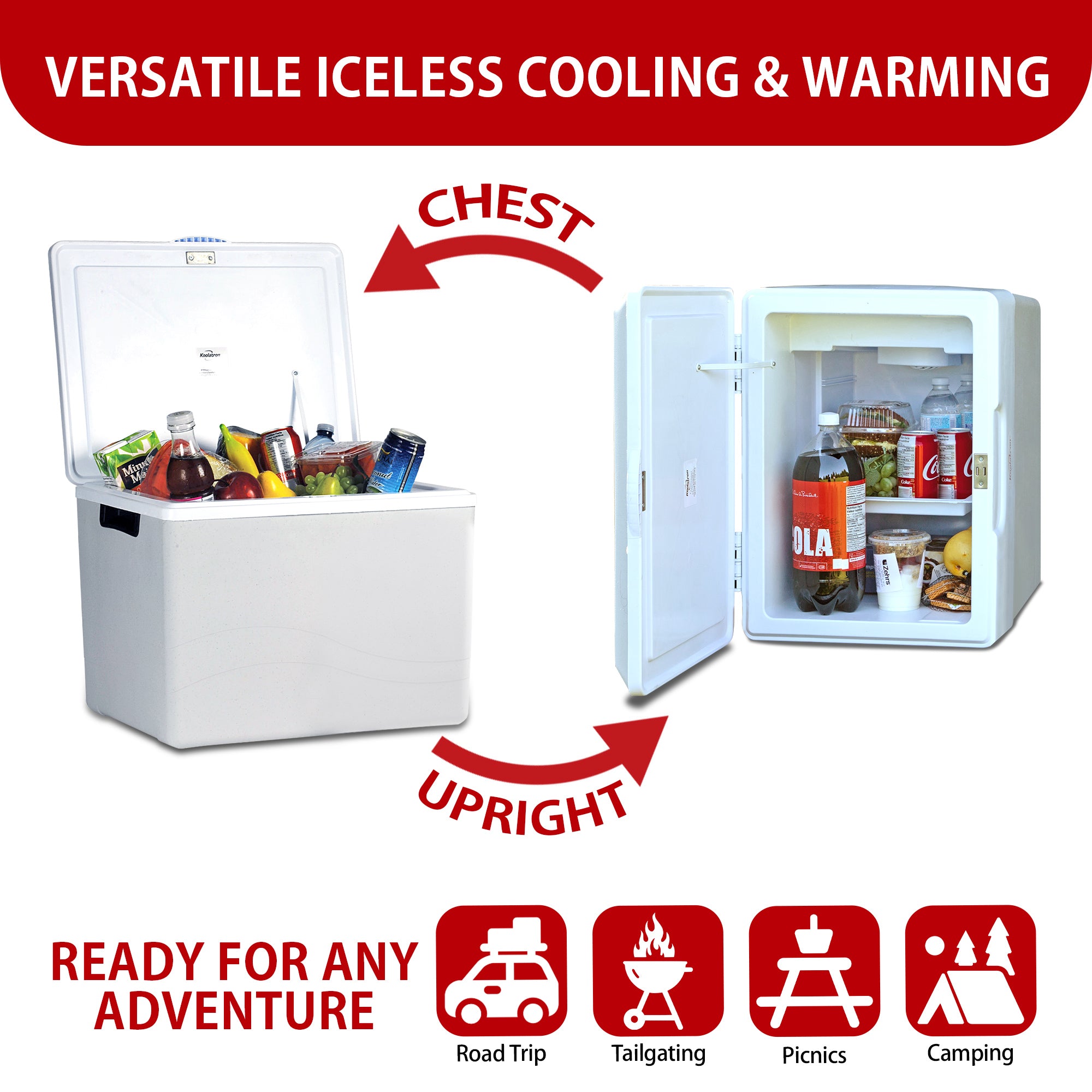 Two images show the Kool-atron12V cooler/warmer as an ice chest and on its side as a mini-fridge with arrows labeled, "CHEST" and "UPRIGHT." Text above reads, "VERSATILE ICELESS COOLING & WARMING." Text below reads, "READY FOR ANY ADVENTURE" followed by icons labeled: Road trip, tailgating, picnics, and camping.