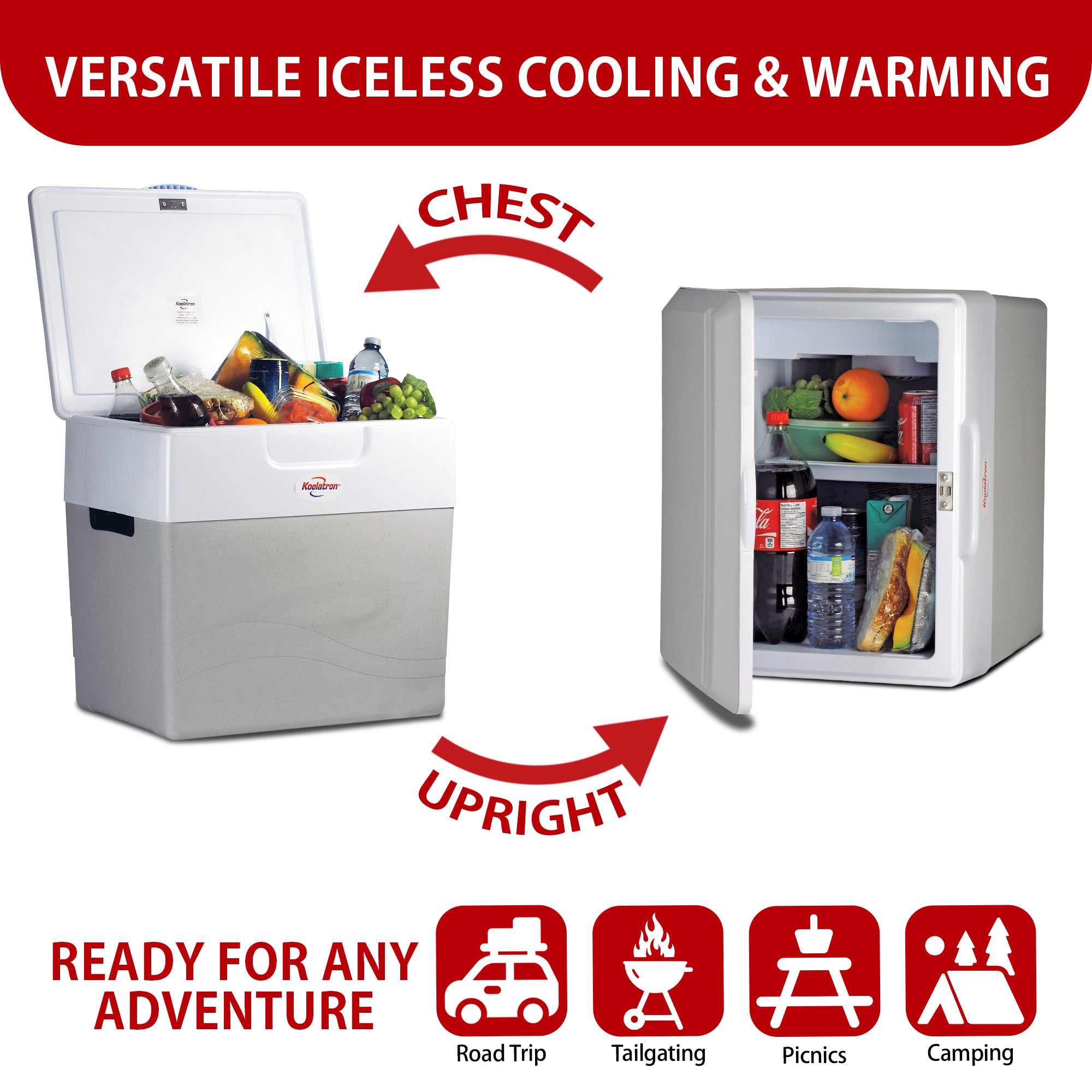 Two images show the Kool-atron12V cooler/warmer as an ice chest and on its side as a mini-fridge with arrows labeled, "CHEST" and "UPRIGHT." Text above reads, "VERSATILE ICELESS COOLING & WARMING." Text below reads, "READY FOR ANY ADVENTURE" followed by icons labeled: Road trip, tailgating, picnics, and camping.