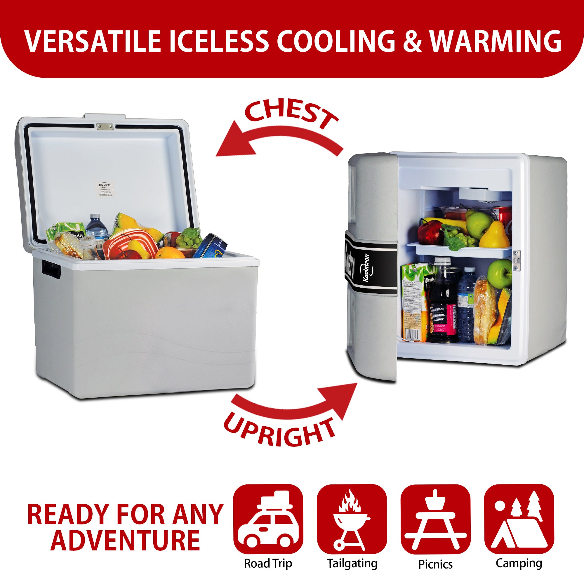 Two images show the Kool-atron12V cooler/warmer as an ice chest and on its side as a mini-fridge with arrows labeled, "CHEST" and "UPRIGHT." Text above reads, "VERSATILE ICELESS COOLING & WARMING." Text below reads, "READY FOR ANY ADVENTURE" followed by icons labeled: Road trip, tailgating, picnics, and camping.