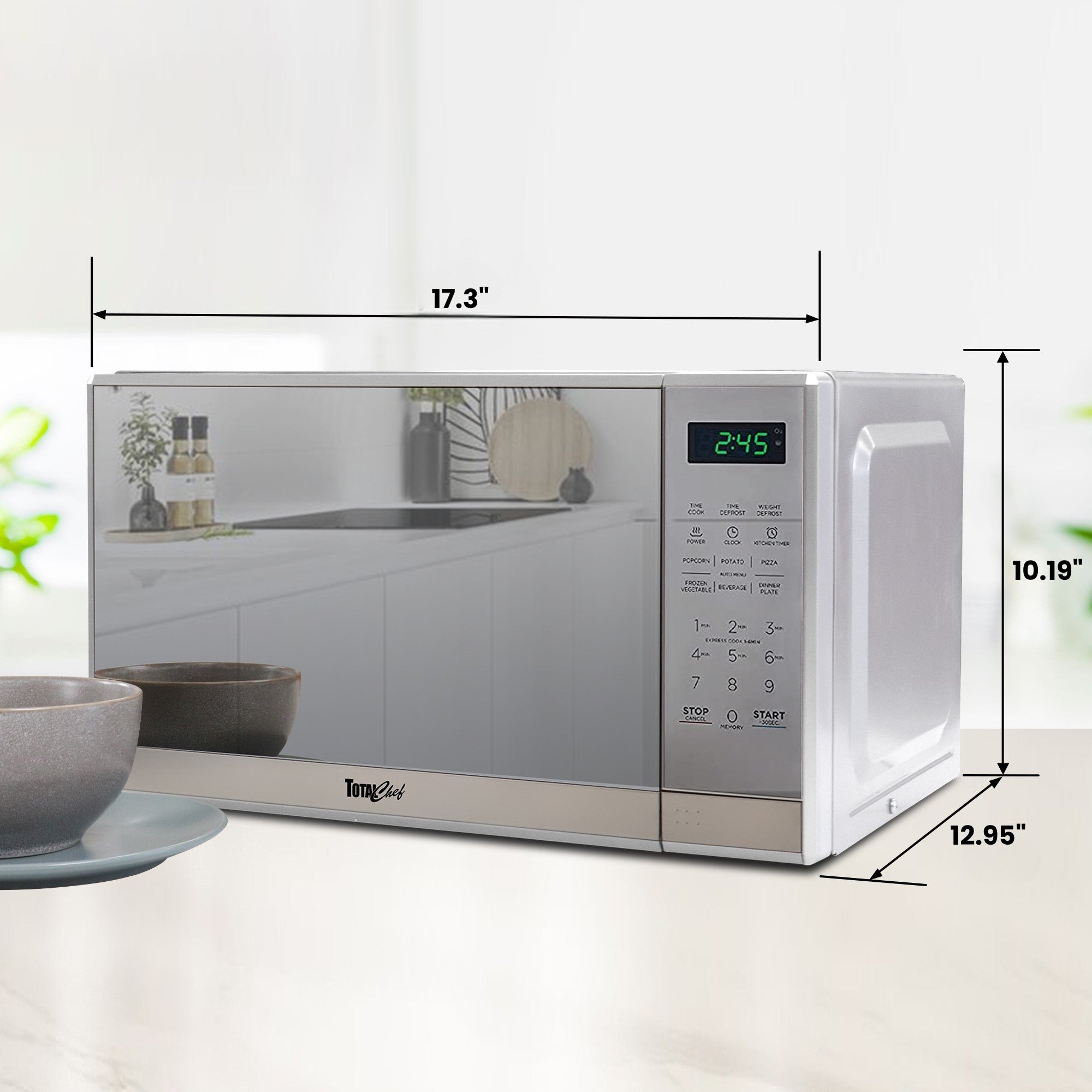 Total Chef 700W mirrored stainless steel microwave with dimensions labeled