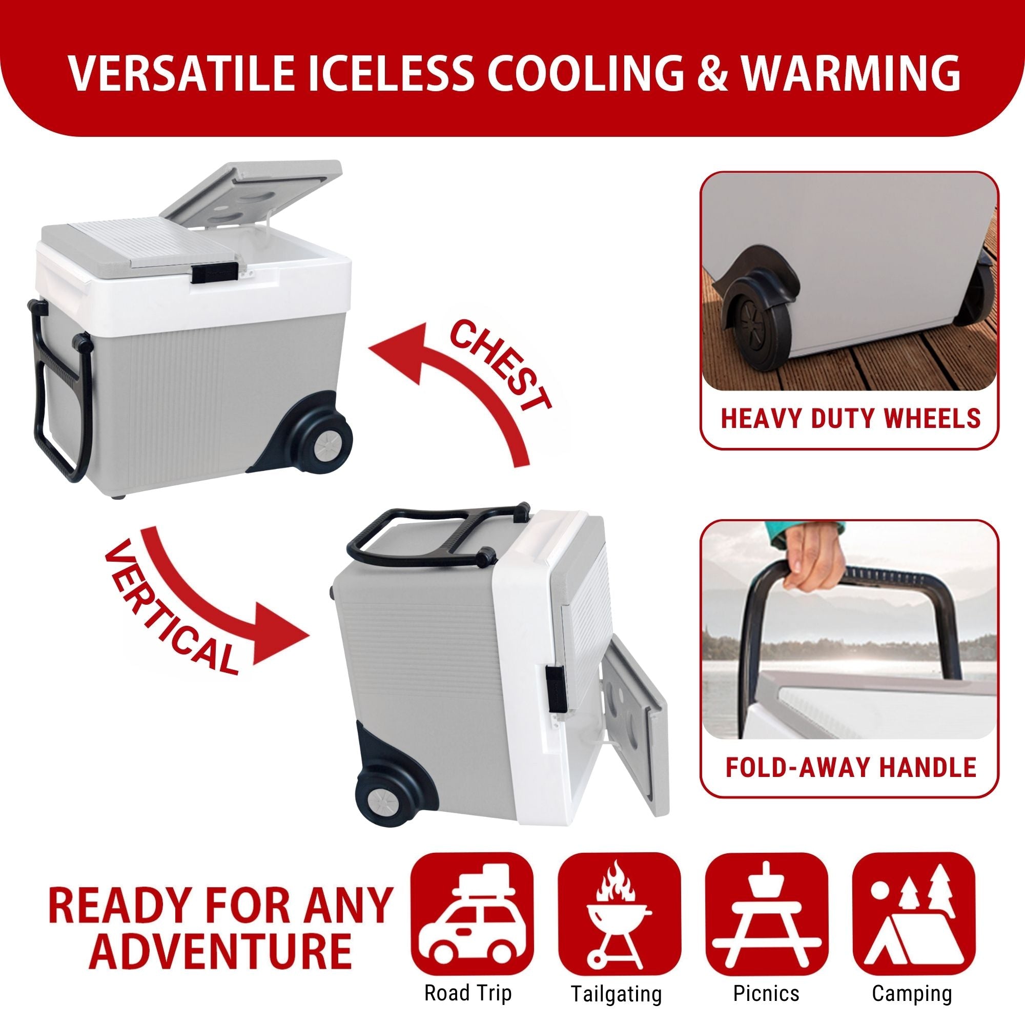 Two images show the Kool-atron12V cooler/warmer as an ice chest and on its side as a mini-fridge with arrows labeled, "CHEST" and "UPRIGHT." Two inset images on the right show closeups of features, captioned, "Heavy duty wheels," and "Fold-away handle." Text above reads, "VERSATILE ICELESS COOLING & WARMING." Text below reads, "READY FOR ANY ADVENTURE" followed by icons labeled: Road trip, tailgating, picnics, and camping.