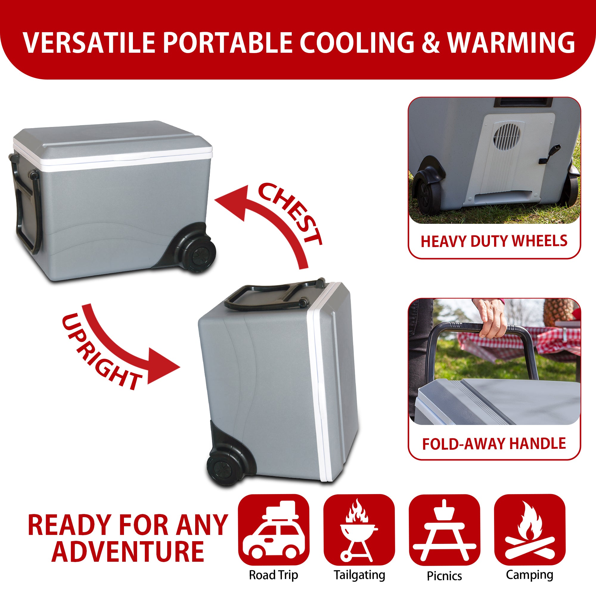 Two images show the Kool-atron12V cooler/warmer as an ice chest and on its side as a mini-fridge with arrows labeled, "CHEST" and "UPRIGHT." Two inset images on the right show closeups of features, captioned, "Heavy duty wheels," and "Fold-away handle." Text above reads, "VERSATILE ICELESS COOLING & WARMING." Text below reads, "READY FOR ANY ADVENTURE" followed by icons labeled: Road trip, tailgating, picnics, and camping.