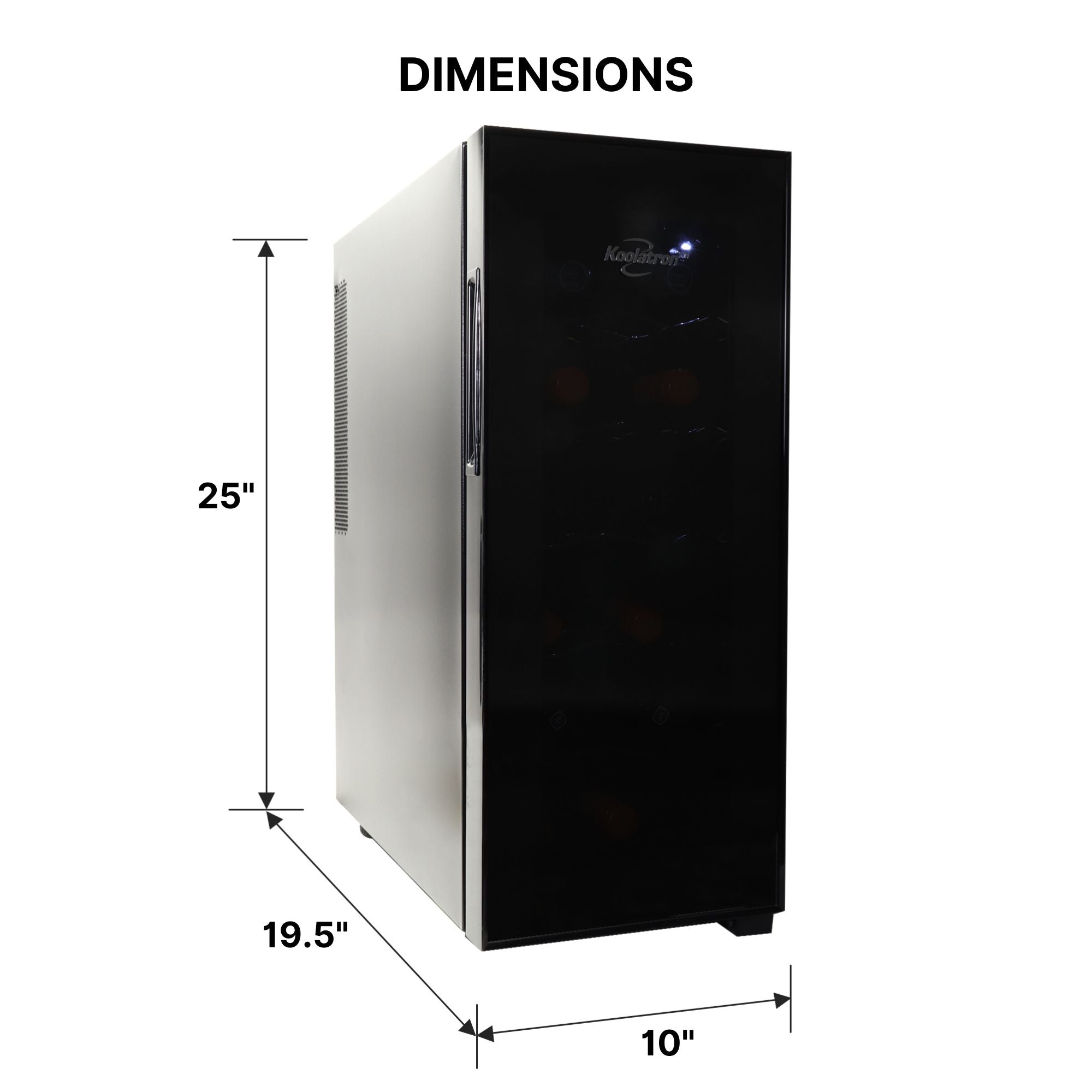  Kool-atron12 bottle thermoelectric wine fridge on a white background with dimensions labeled