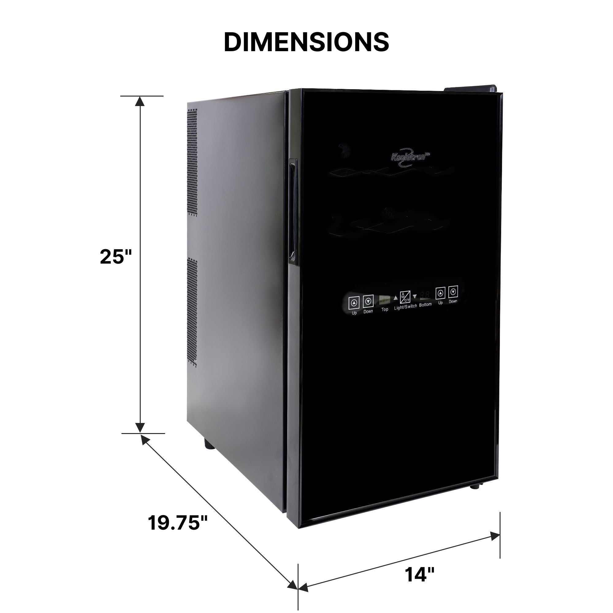  Kool-atron18 bottle dual zone thermoelectric wine fridge on a white background with dimensions labeled