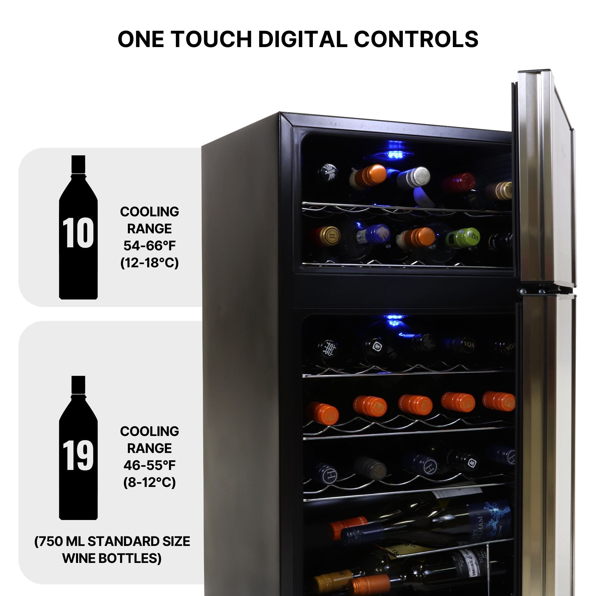 Closeup of Kool-atron29 bottle dual zone freestanding wine fridge with both doors open filled with bottles of wine. Text above reads, "One touch digital control," and text and icons to the left list temperature range and capacity for each chamber