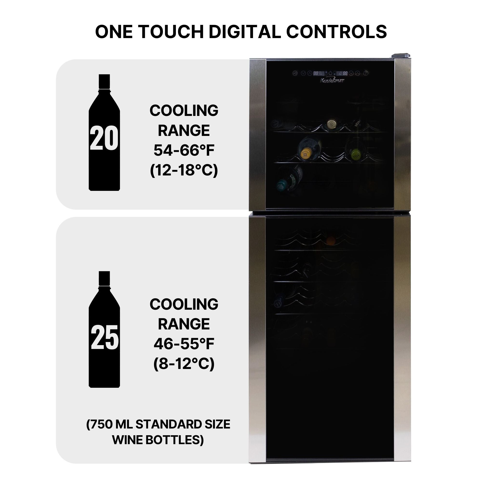 Closeup of Kool-atron45 bottle dual zone freestanding wine fridge with both doors open filled with bottles of wine. Text above reads, "One touch digital control," and text and icons to the left list temperature range and capacity for each chamber