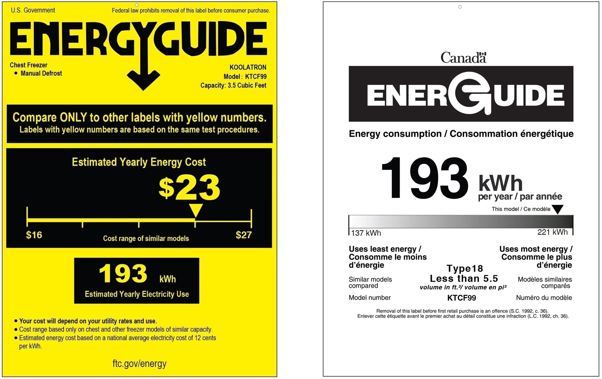 US and Canada Energy Guide certificates for KTCF99 3.5 cu ft chest freezer showing estimated yearly energy cost of $11.5 and estimated yearly energy consumption of 193 kWh