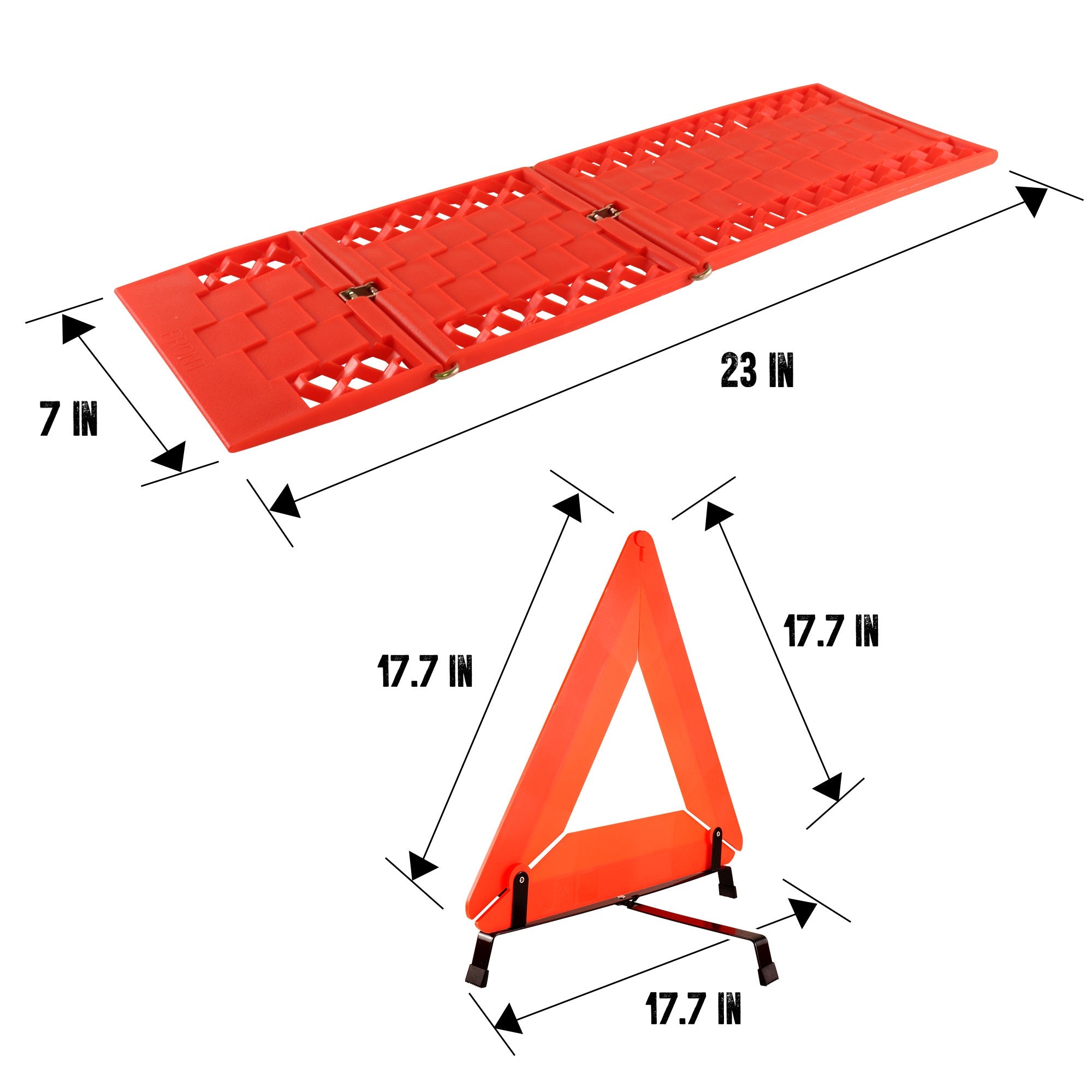 Product shots of one emergency traction tread and the reflective safety triangle on a white background with dimensions labeled