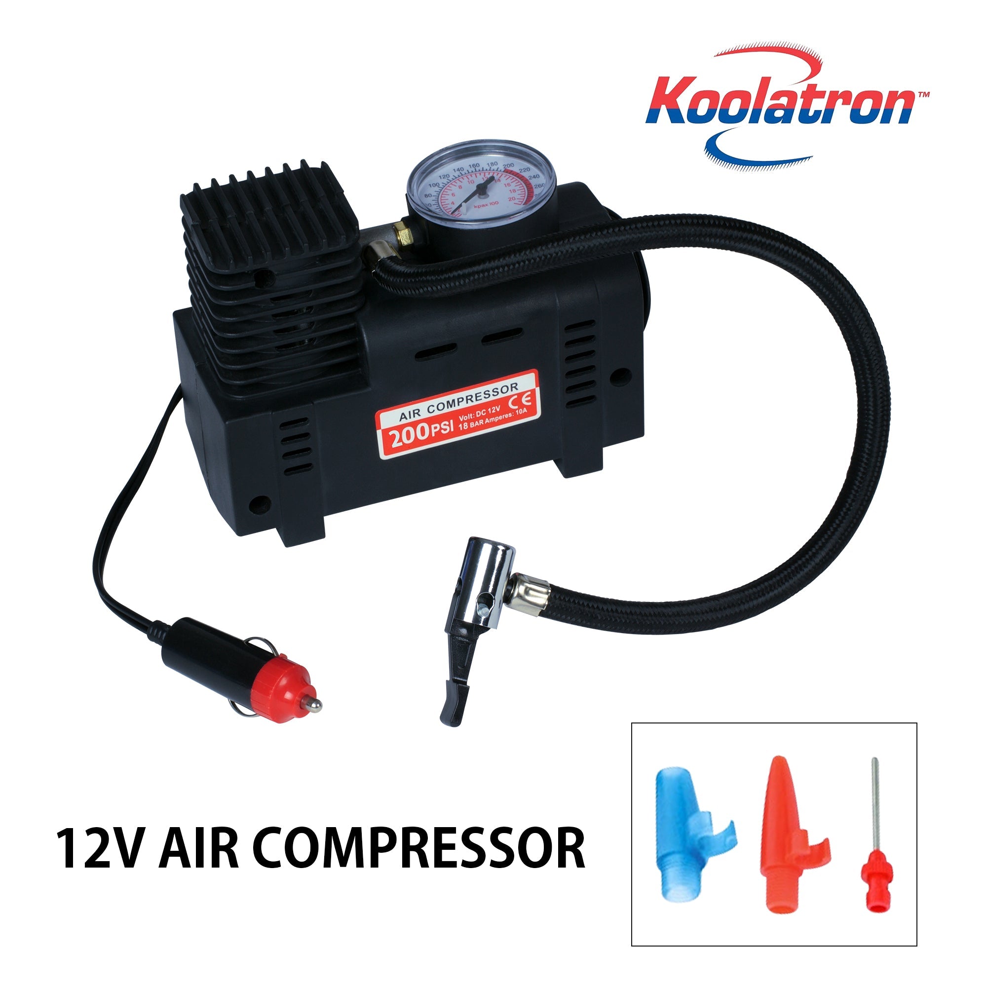 Product shot of 12V portable air compressor on a white background with the three nozzle adapters below. The Kool-atronlogo is above and text below reads, "12V Air Compressor"