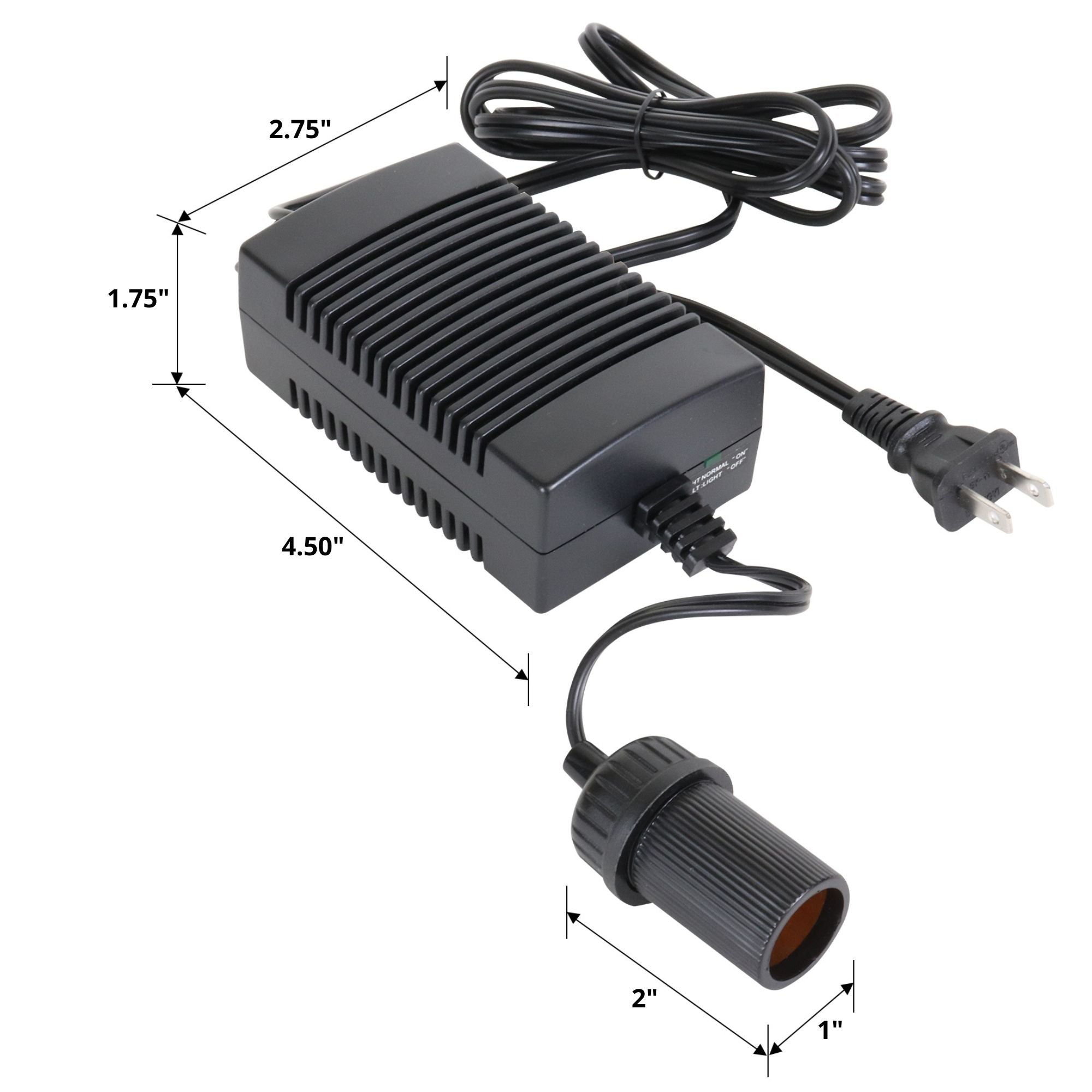 Koolatron AC to DC power adapter on a white background with dimensions labeled