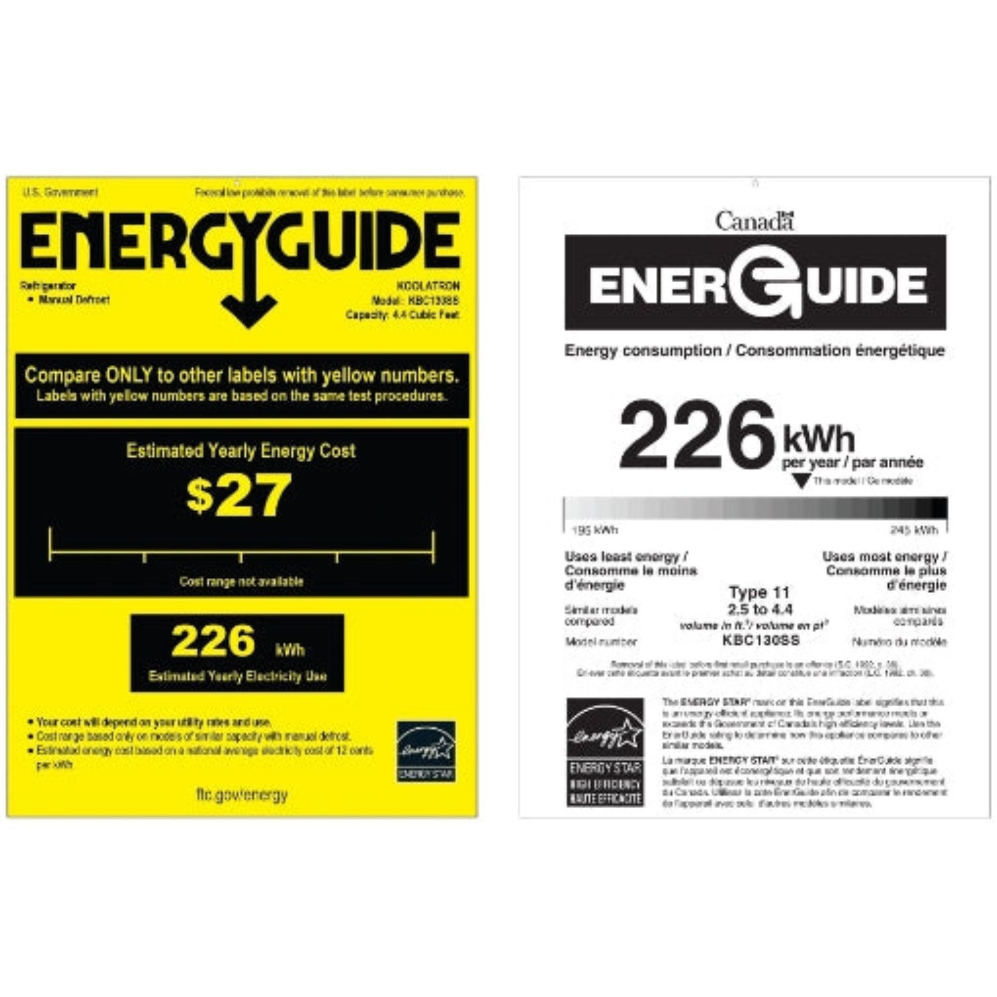 US and Canada Energy Guide certificates for BC130SS 4.4 cu ft compact fridge with freezer showing estimated yearly energy cost of $13.5 and estimated yearly energy consumption of 226 kWh