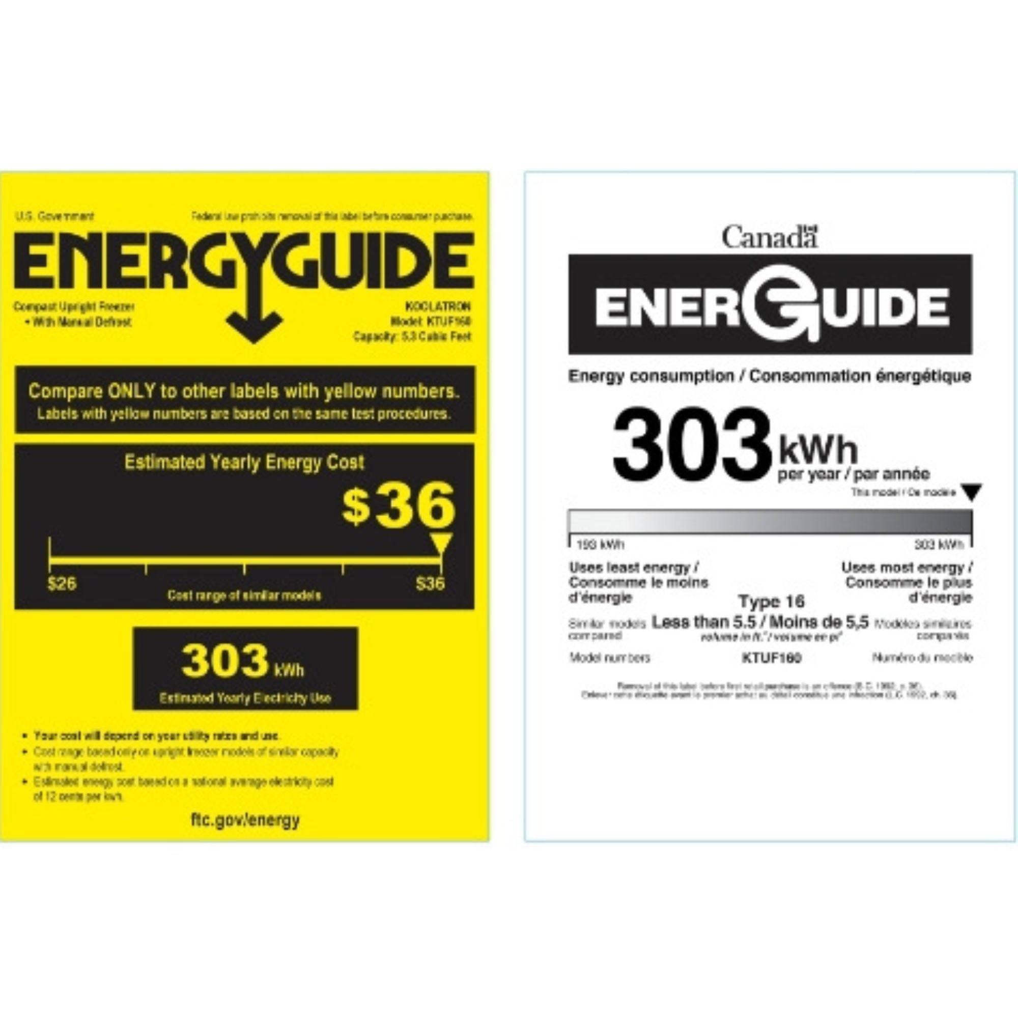 US and Canada Energy Guide certificates for KTUF160 5.3 cu ft upright freezer showing estimated yearly energy cost of $18 and estimated yearly energy consumption of 303 kWh