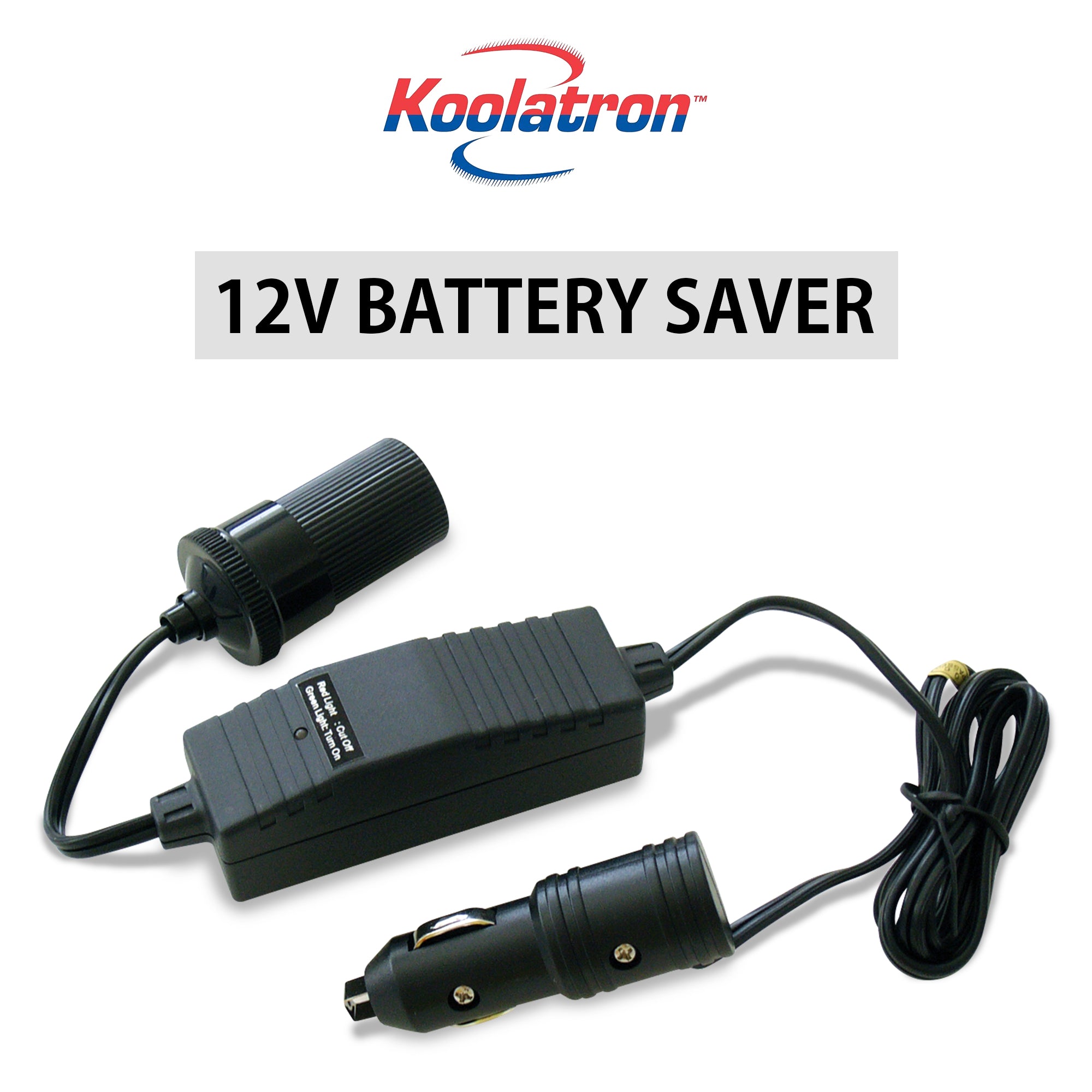 Koolatron 12V Vehicle Battery Saver on a white background with the Kool-atronlogo and text reading, "12V battery saver," above.