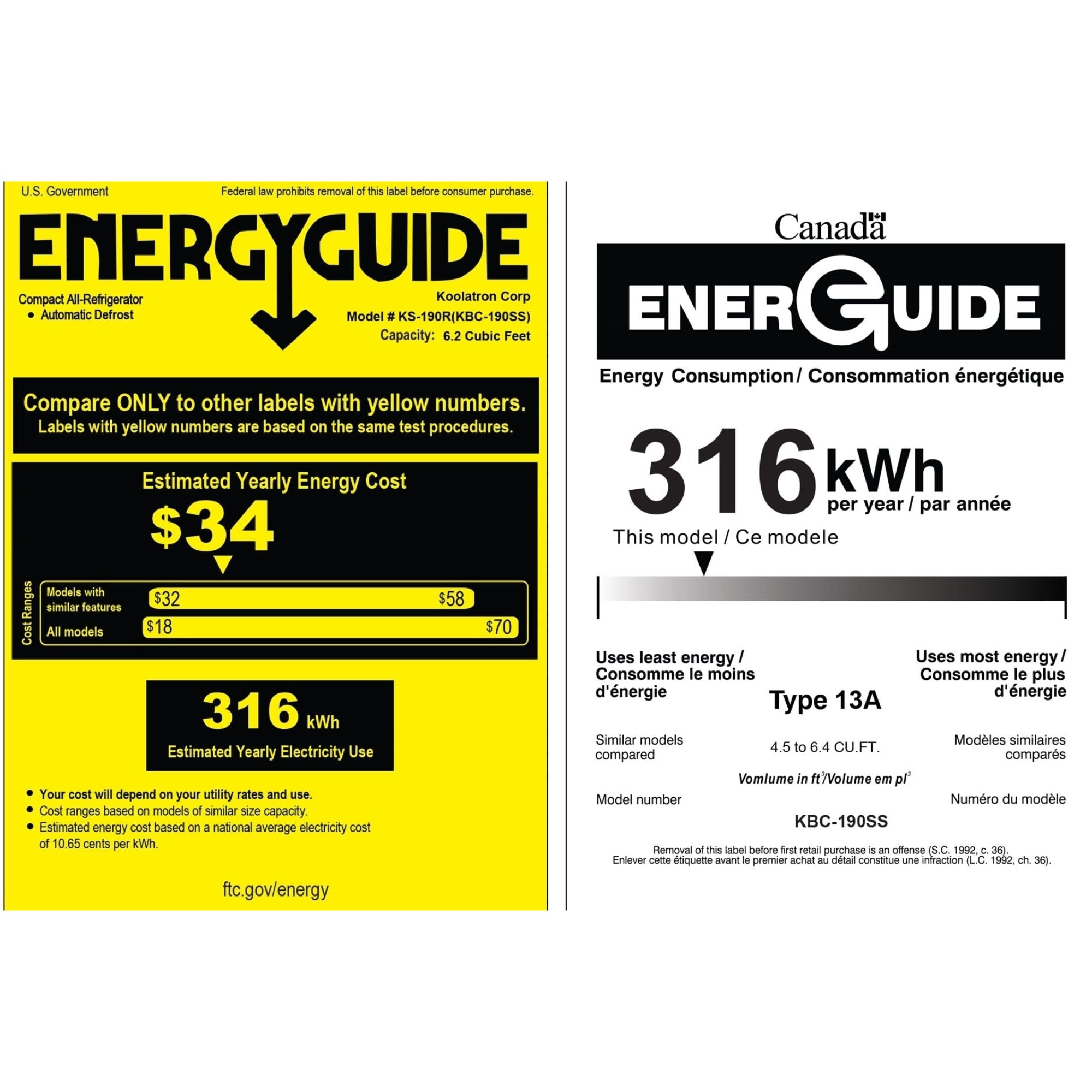 US and Canada Energy Guide certificates for KBC190SS 6.2 cu ft compact fridge with freezer showing estimated yearly energy cost of $17 and estimated yearly energy consumption of 316 kWh