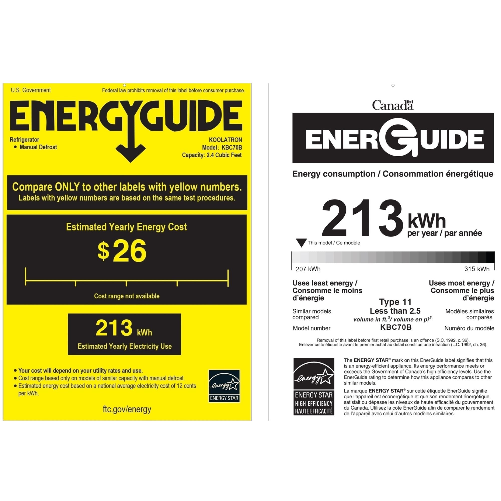 US and Canada Energy Guide certificates for KBC70 2.56 cu ft compact fridge with freezer showing estimated yearly energy cost of $13 and estimated yearly energy consumption of 213 kWh