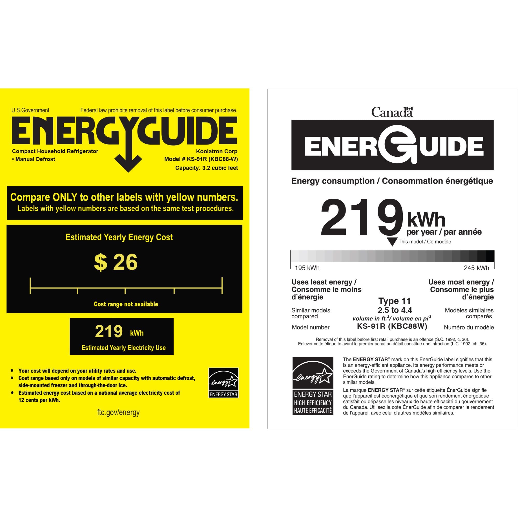 US and Canada Energy Guide certificates for KBC88W 3.2 cu ft compact fridge with freezer showing estimated yearly energy cost of $13 and estimated yearly energy consumption of 219 kWh