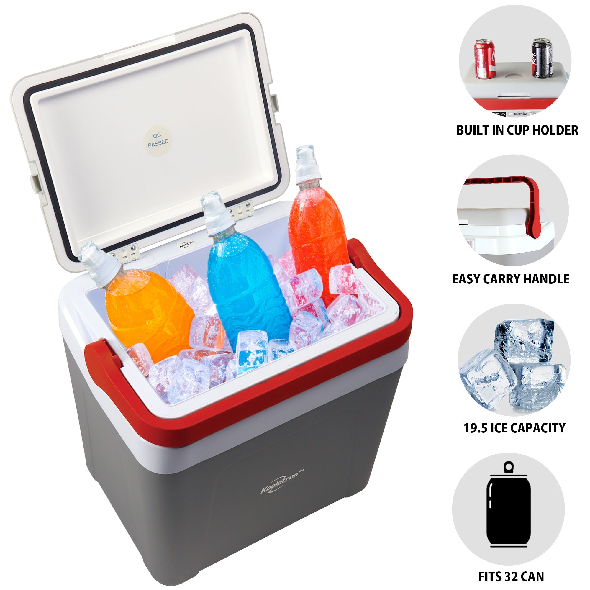 Koolatron 25 liter ice chest, open and filled with ice and three bottles of brightly-colored juice inside. Inset closeups, labeled, show features: Built-in cup holder; easy carry handle; 19.5 ice capacity; fits 32 cans