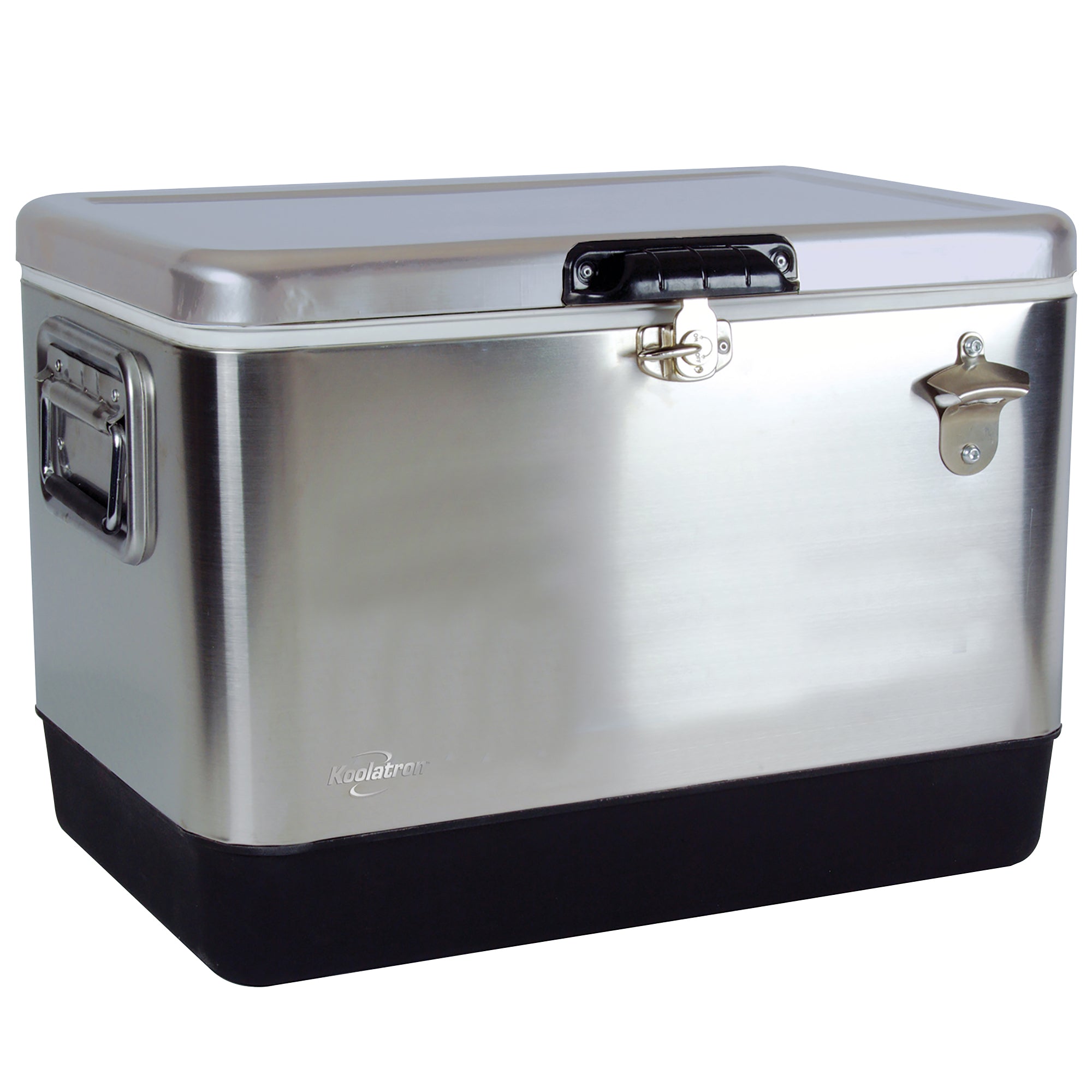 Product shot of Kool-atronstainless steel 51 liter ice chest with bottle opener, closed, on a white background