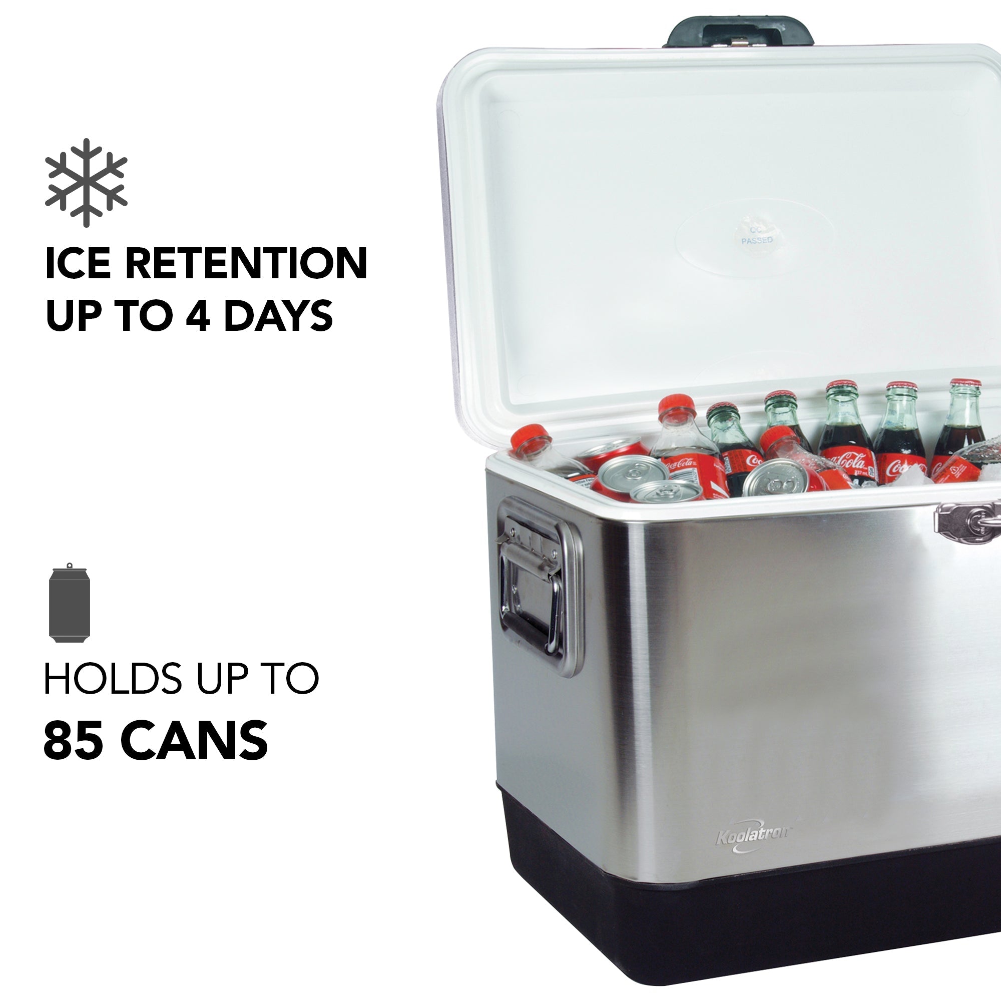 Product shot of Kool-atronstainless steel 51 L ice chest, open with ice and cans of soda inside, on a white background. Text and icons to the left describe: Ice retention up to 4 days; holds up to 85 cans