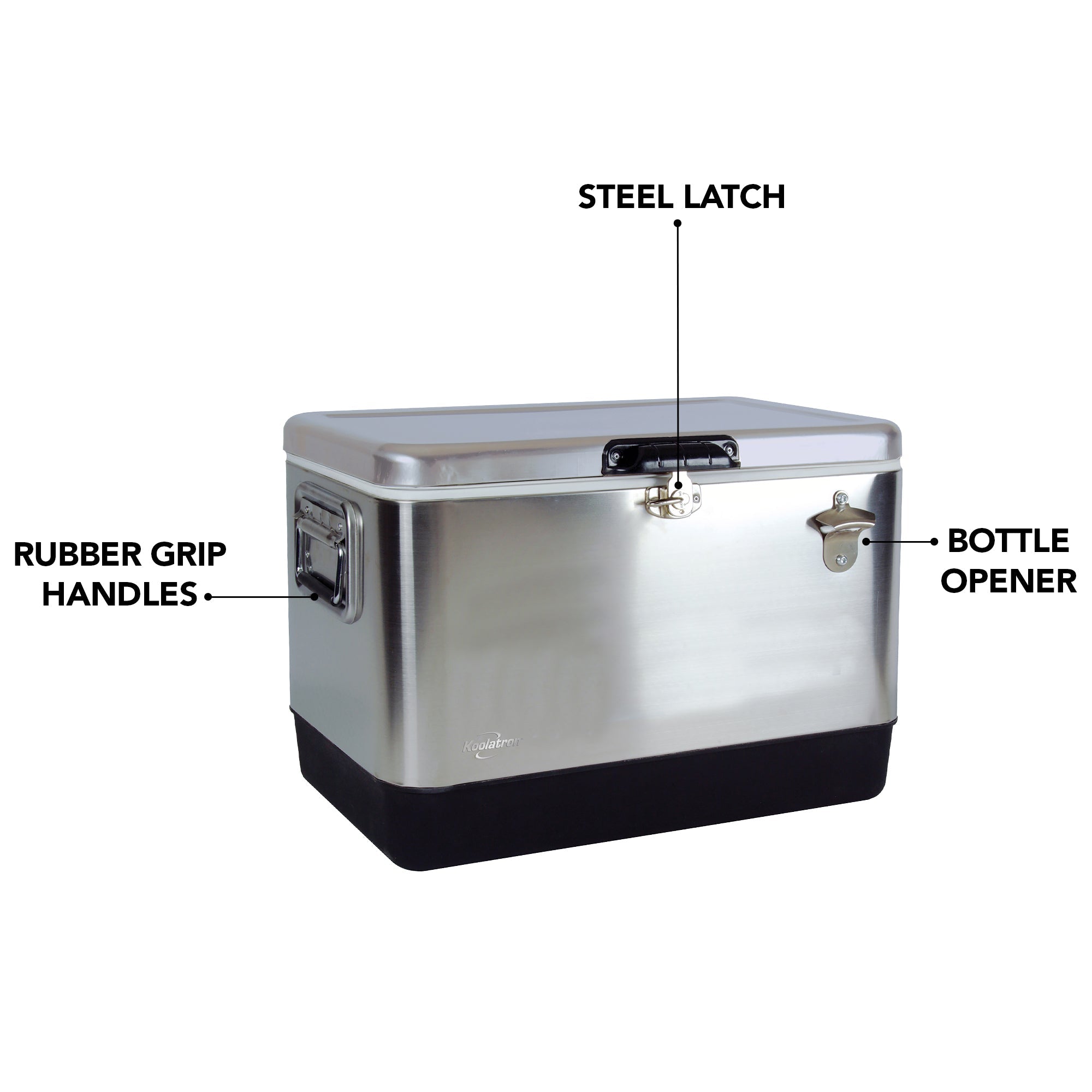 Product shot of Kool-atronstainless steel 54 quart ice chest with bottle opener, closed, on a white background, with parts labeled: Steel latch; rubber grip handles; bottle opener