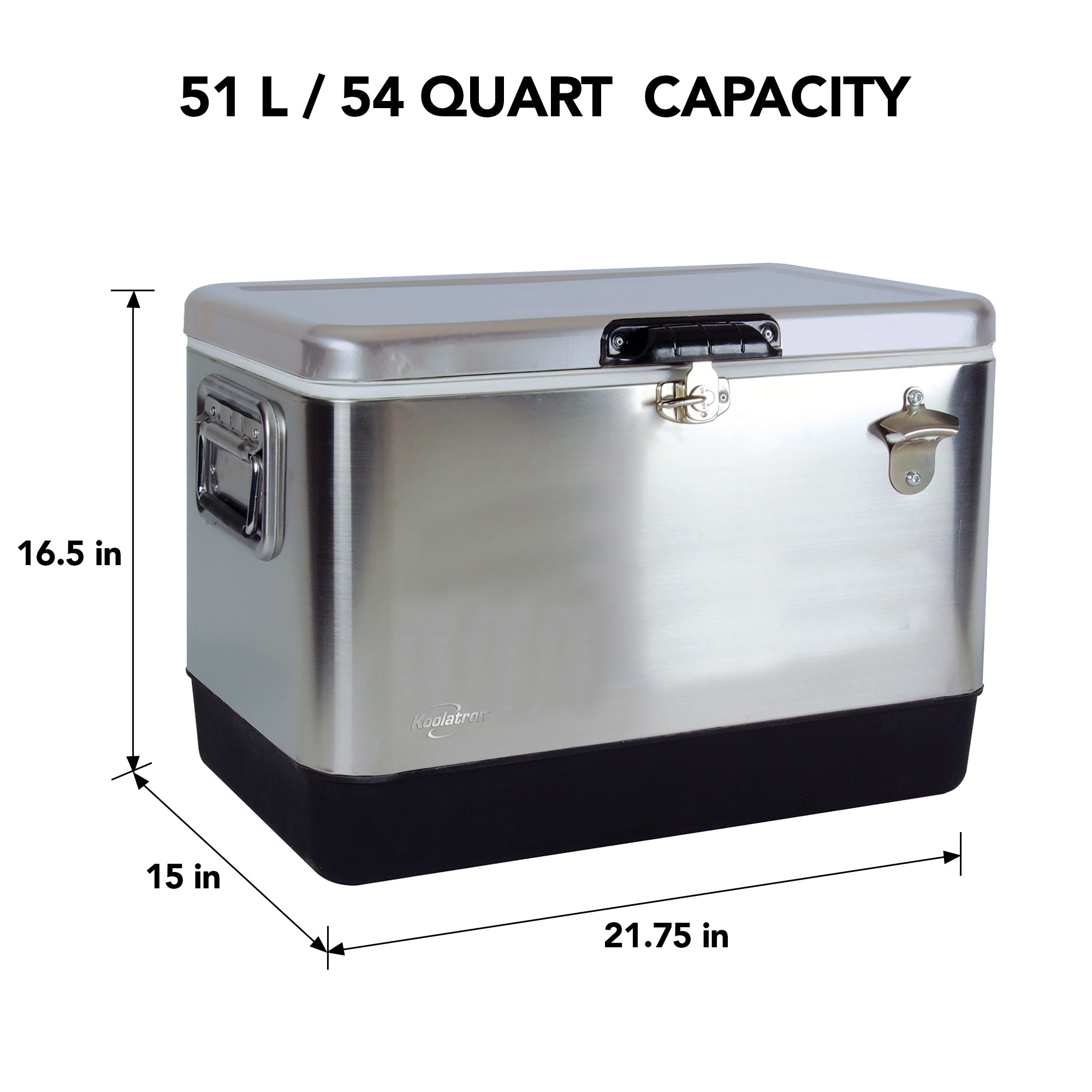 Product shot of Kool-atronstainless steel 51 liter ice chest with bottle opener, closed, on a white background, with dimensions labeled. Text above reads, "51L/54 quart capacity"