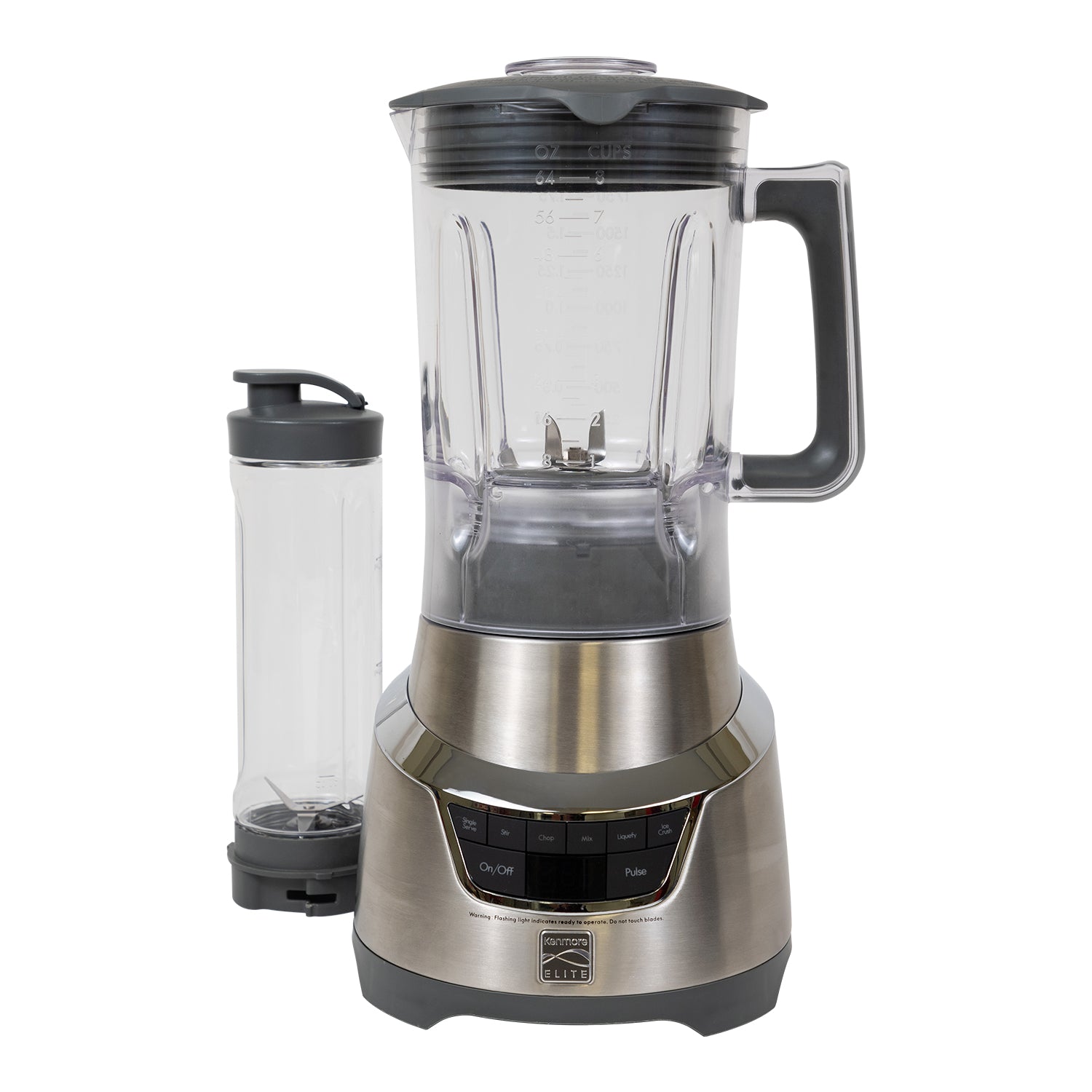 Product shot of Elite 1.3 horsepower blender and travel blending cup on a white background