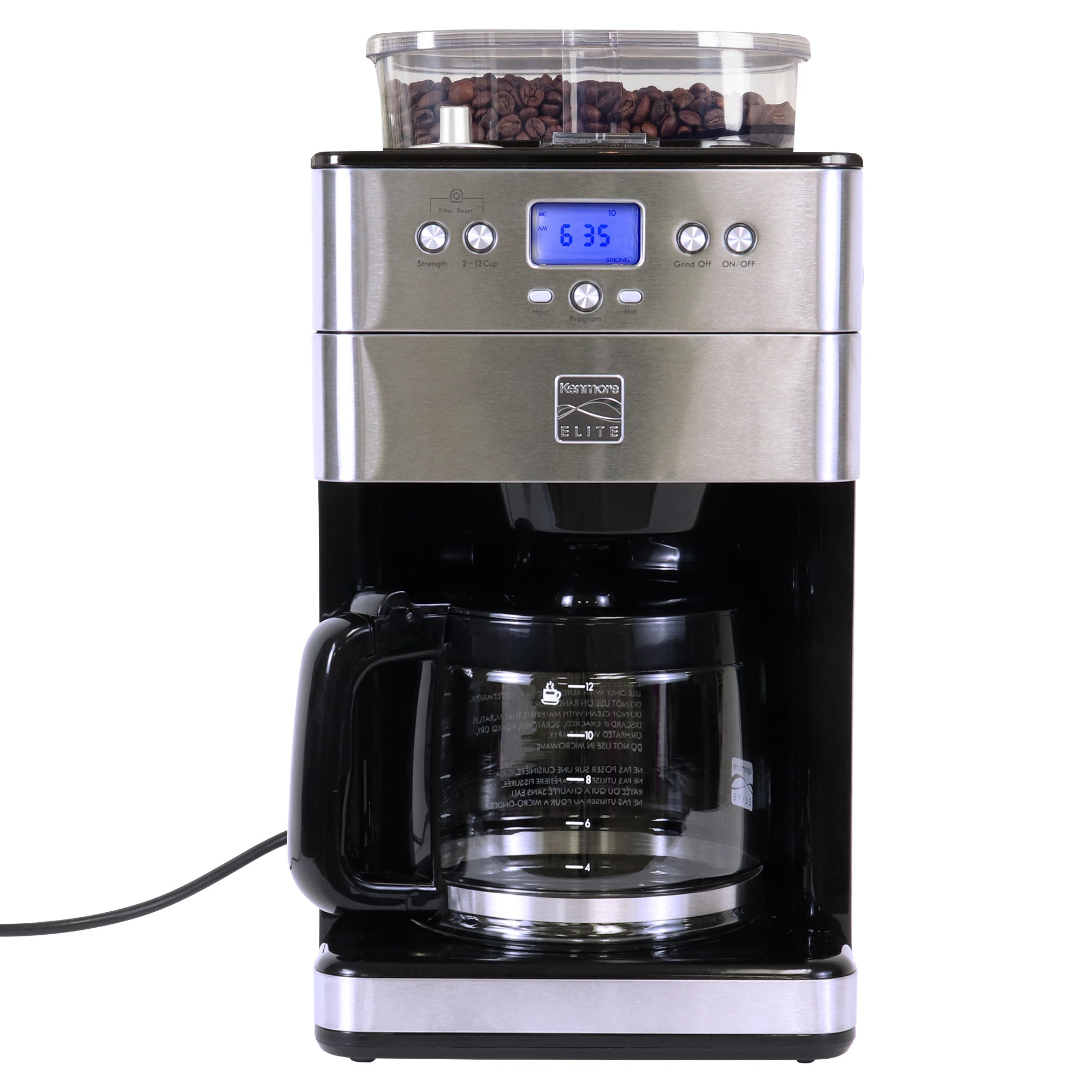 Kenmore grind and brew coffee maker with whole coffee beans in the hopper on a white background