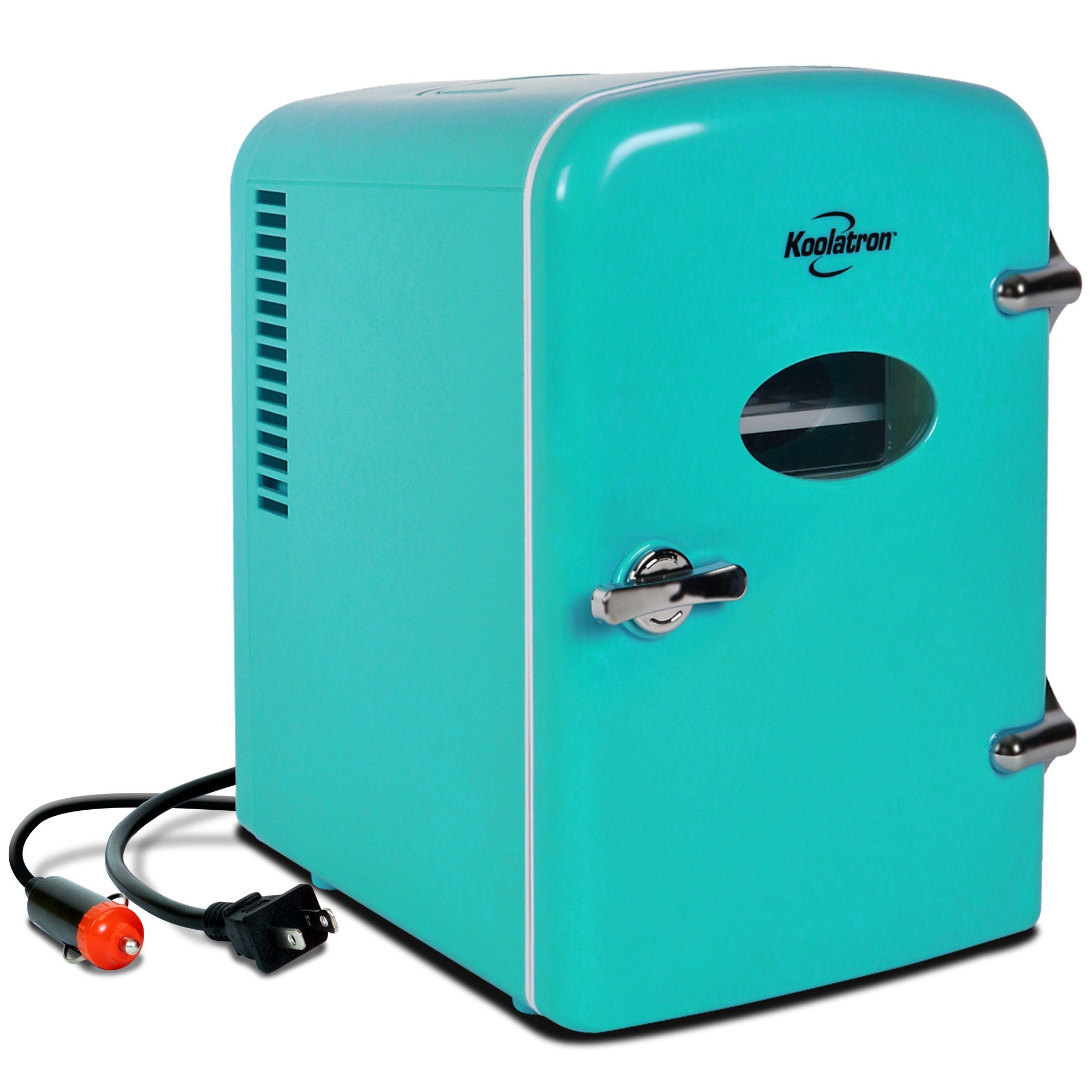 Product shot of Kool-atronretro 4L mini fridge, closed, with AC and DC power cords visible, on a white background
