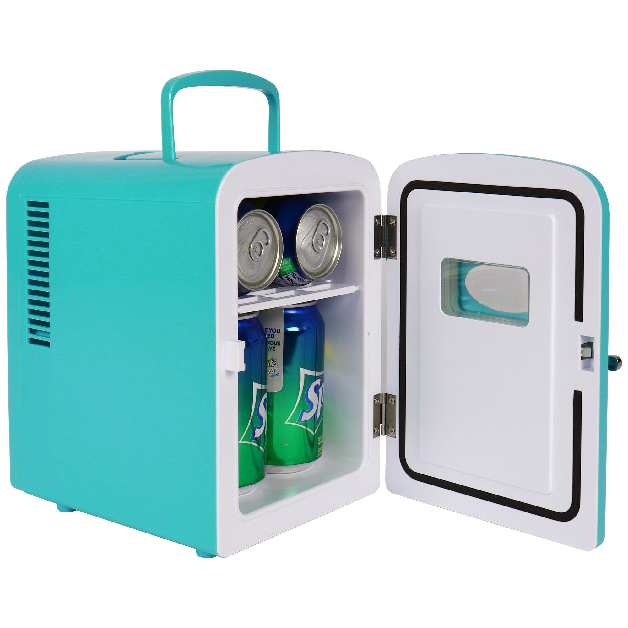 Product shot of Kool-atronretro 6 can mini fridge open with 6 cans of soda inside on a white background