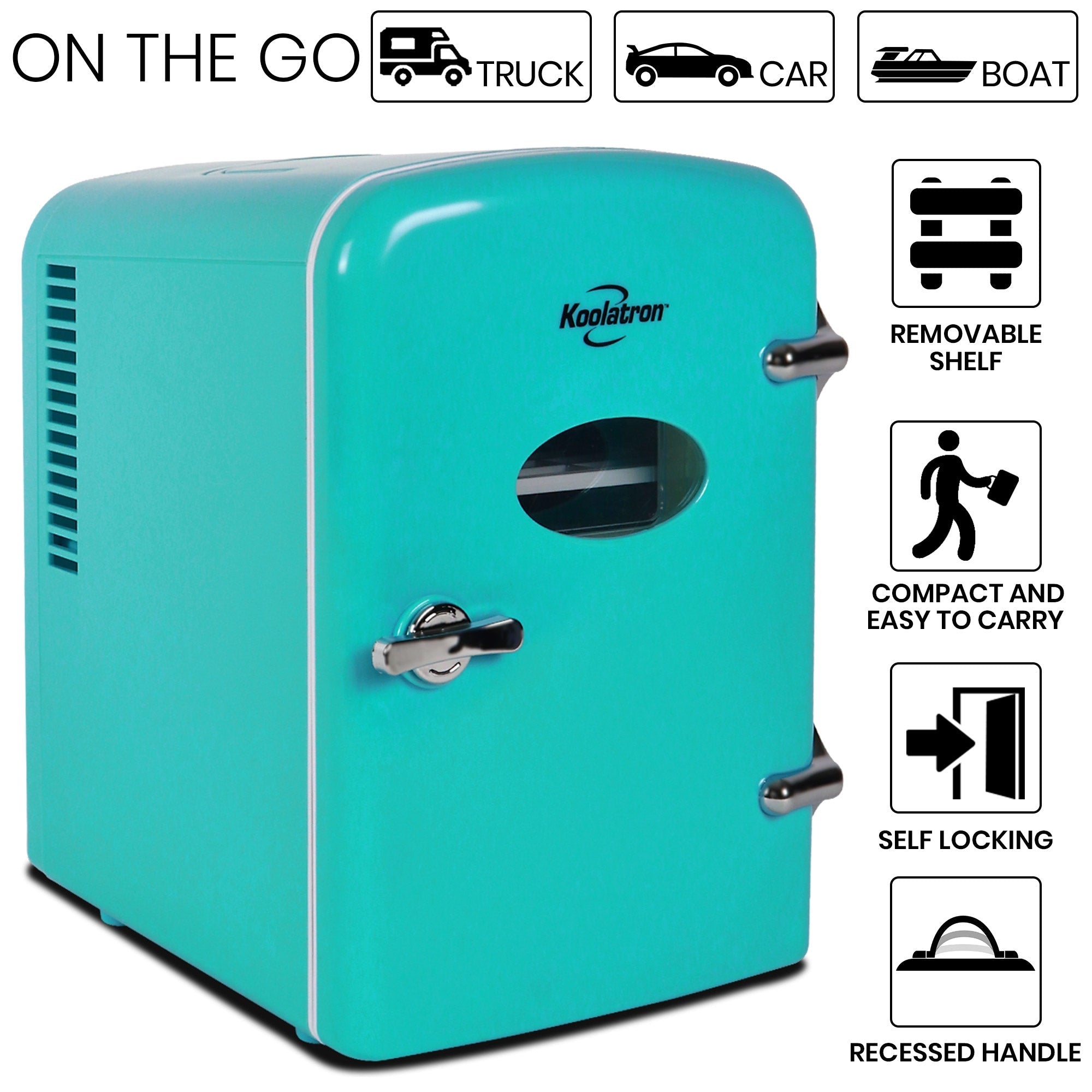 Product shot of Kool-atronretro 6 can mini fridge on a white background. Text and icons above describe: On the go - truck car boat. Text and icons to the right describe: Removable shelf; compact and easy to carry; self-locking; recessed handle