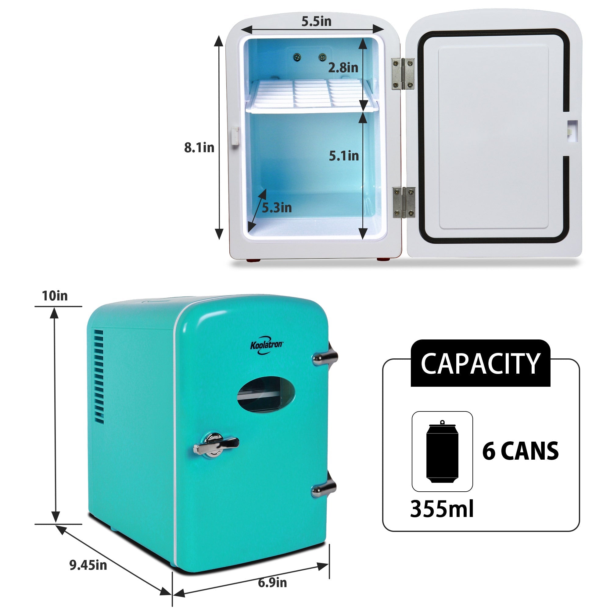 Two product shots of Kool-atronretro 4L mini fridge, open and closed, on a white background, with interior and exterior dimensions labeled. Inset text and icons describes: Capacity - 6 cans 355 mL